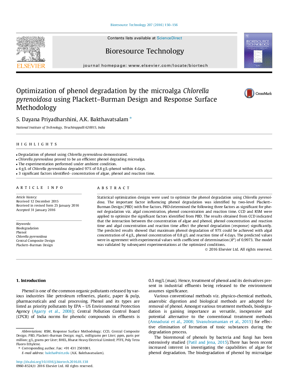 Optimization of phenol degradation by the microalga Chlorella pyrenoidosa using Plackett-Burman Design and Response Surface Methodology