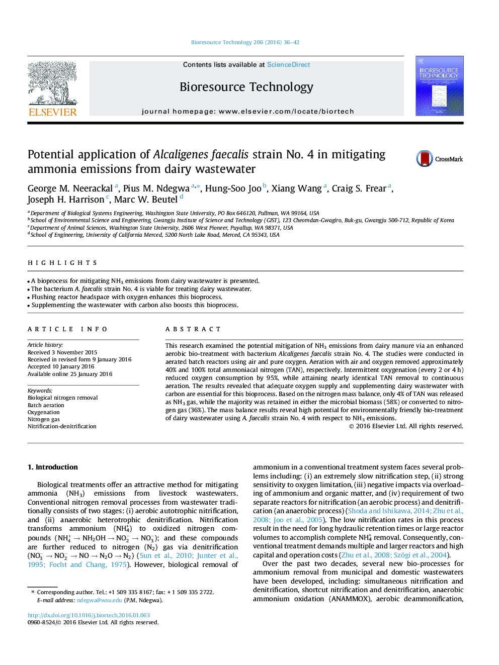 Potential application of Alcaligenes faecalis strain No. 4 in mitigating ammonia emissions from dairy wastewater