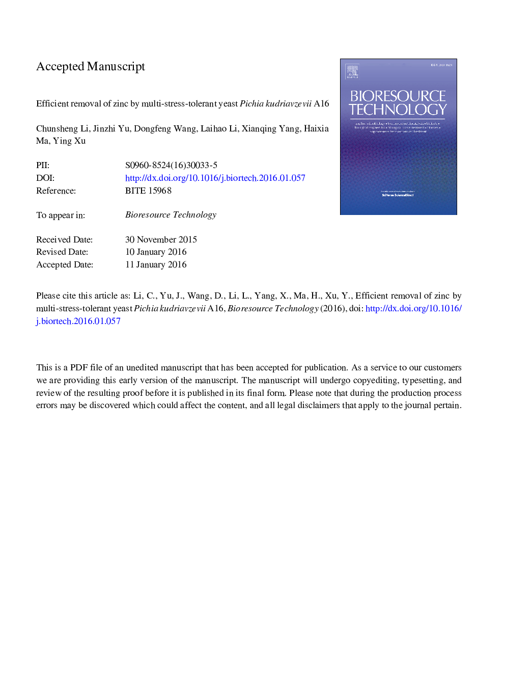 Efficient removal of zinc by multi-stress-tolerant yeast Pichia kudriavzevii A16