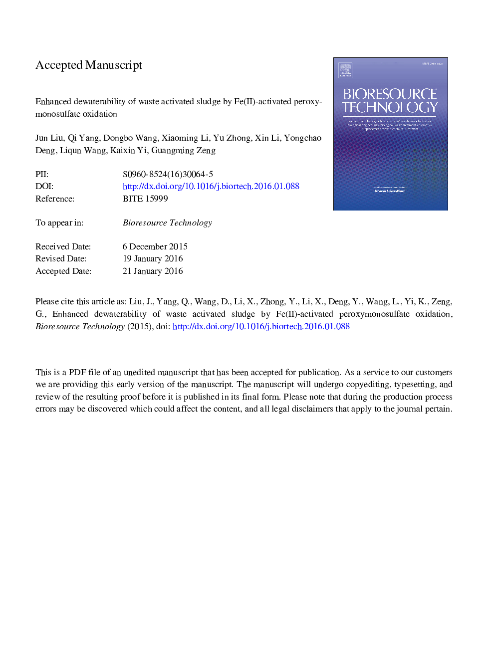 عکس صفحه اول مقاله: Enhanced dewaterability of waste activated sludge by Fe(II)-activated peroxymonosulfate oxidation Enhanced dewaterability of waste activated sludge by Fe(II)-activated peroxymonosulfate oxidation