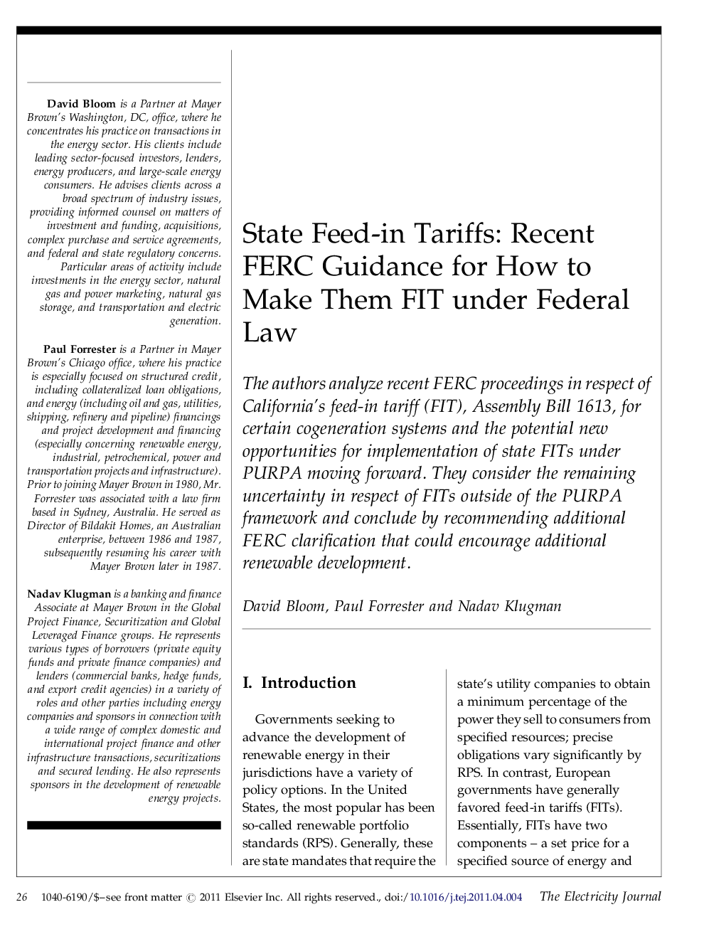 State Feed-in Tariffs: Recent FERC Guidance for How to Make Them FIT under Federal Law