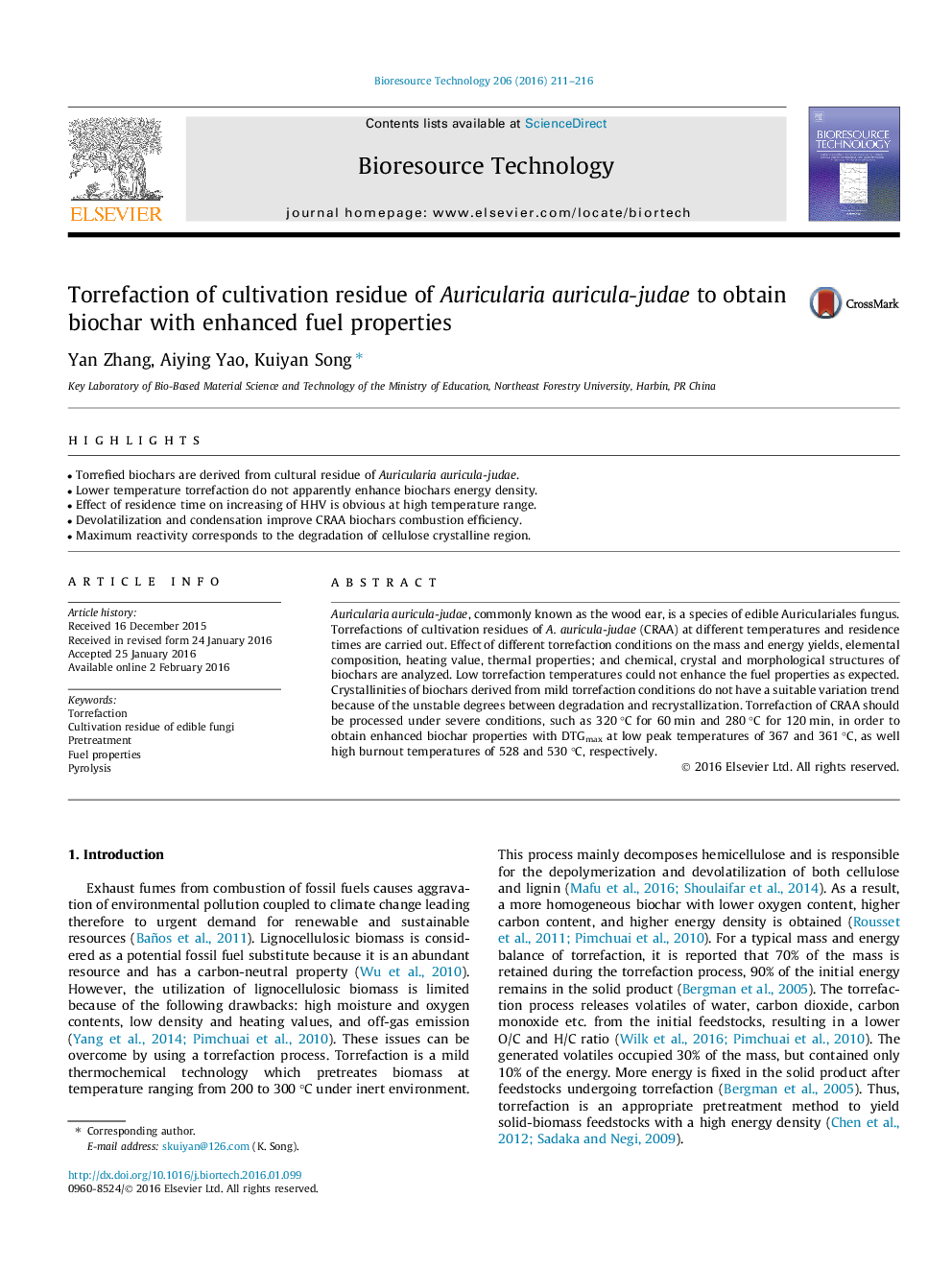 Torrefaction of cultivation residue of Auricularia auricula-judae to obtain biochar with enhanced fuel properties