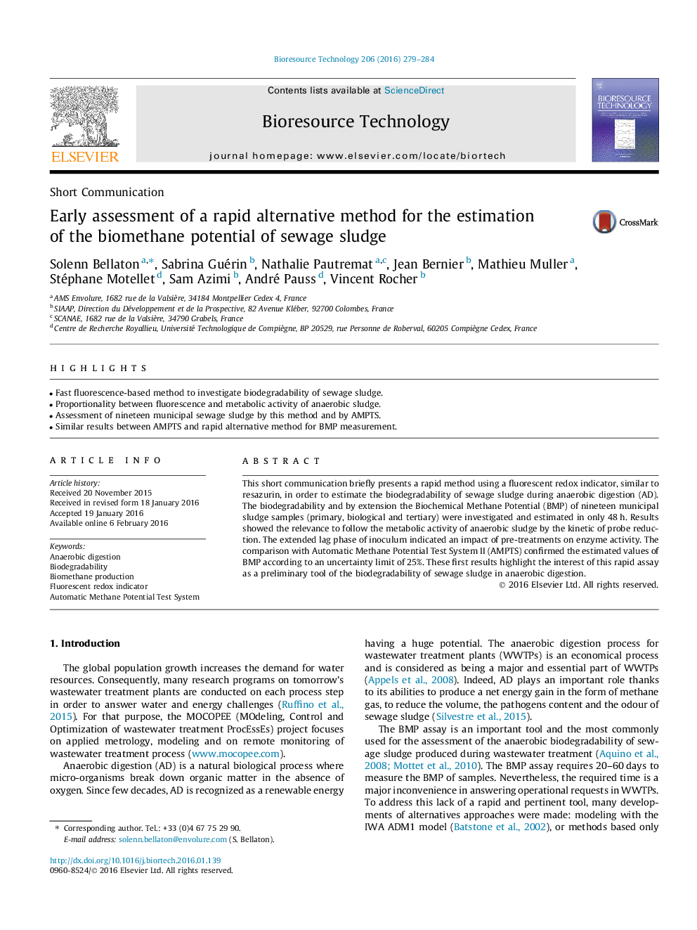 Early assessment of a rapid alternative method for the estimation of the biomethane potential of sewage sludge