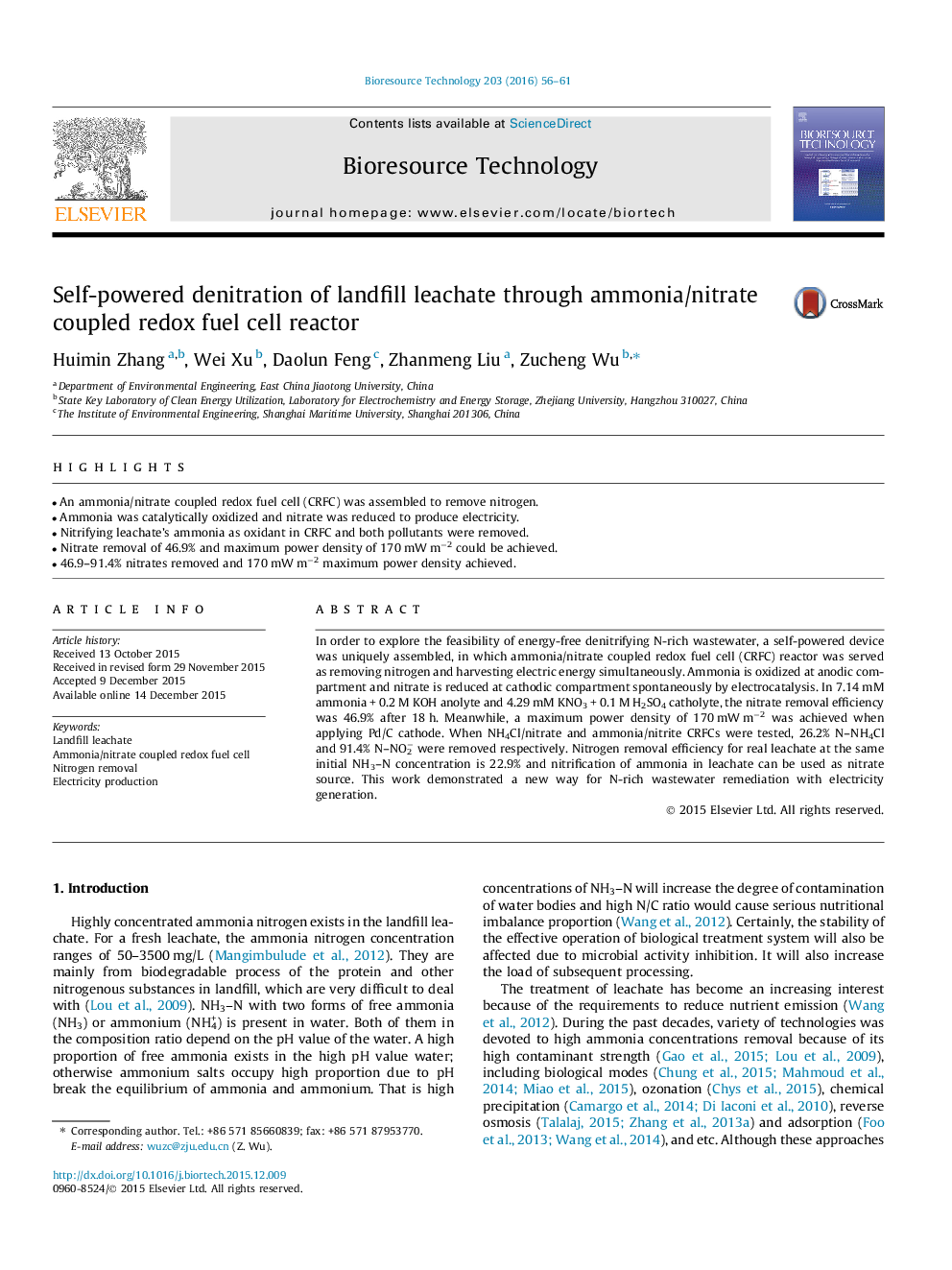 Self-powered denitration of landfill leachate through ammonia/nitrate coupled redox fuel cell reactor