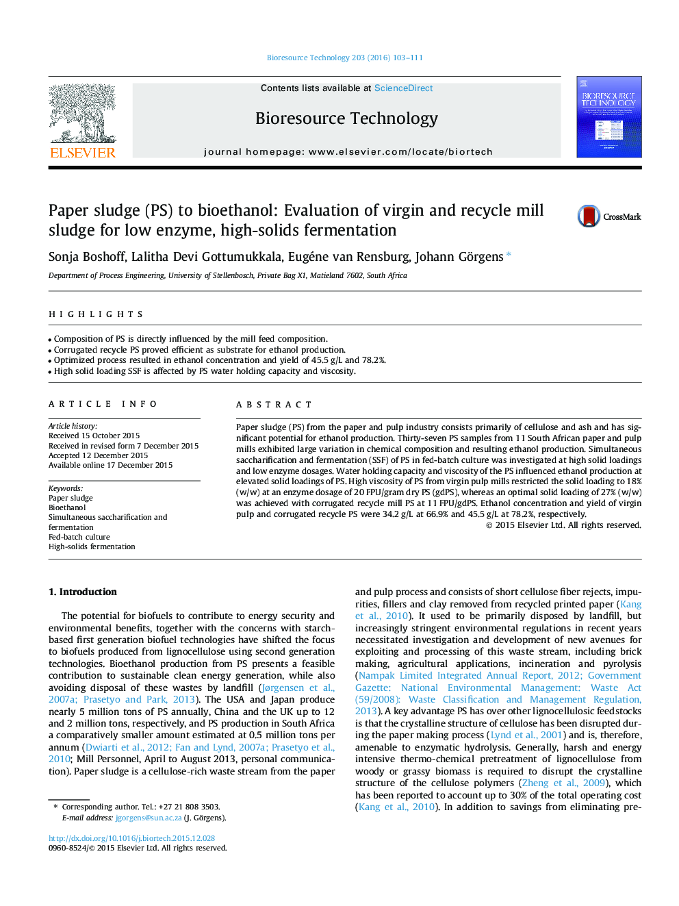 Paper sludge (PS) to bioethanol: Evaluation of virgin and recycle mill sludge for low enzyme, high-solids fermentation