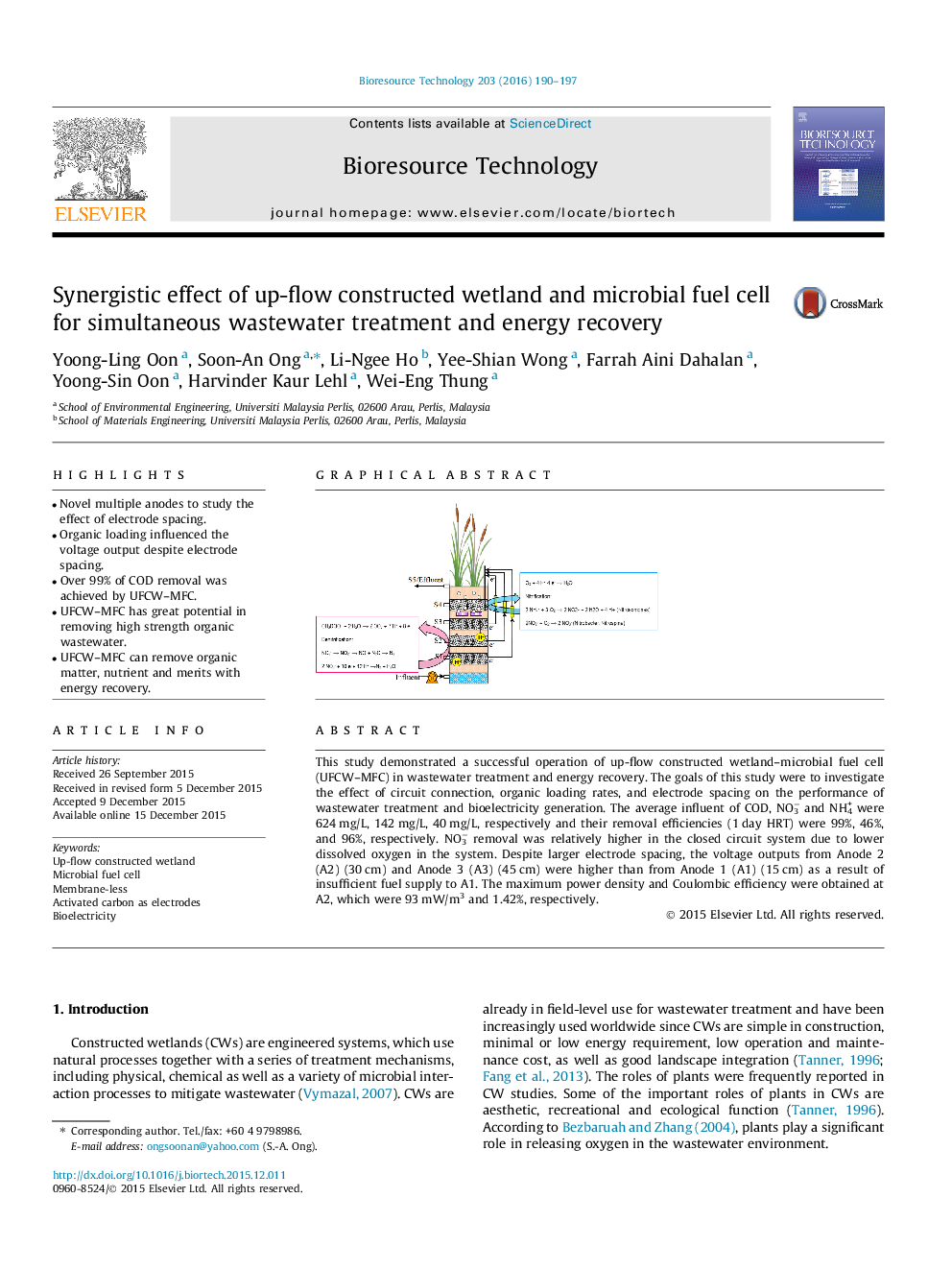 Synergistic effect of up-flow constructed wetland and microbial fuel cell for simultaneous wastewater treatment and energy recovery