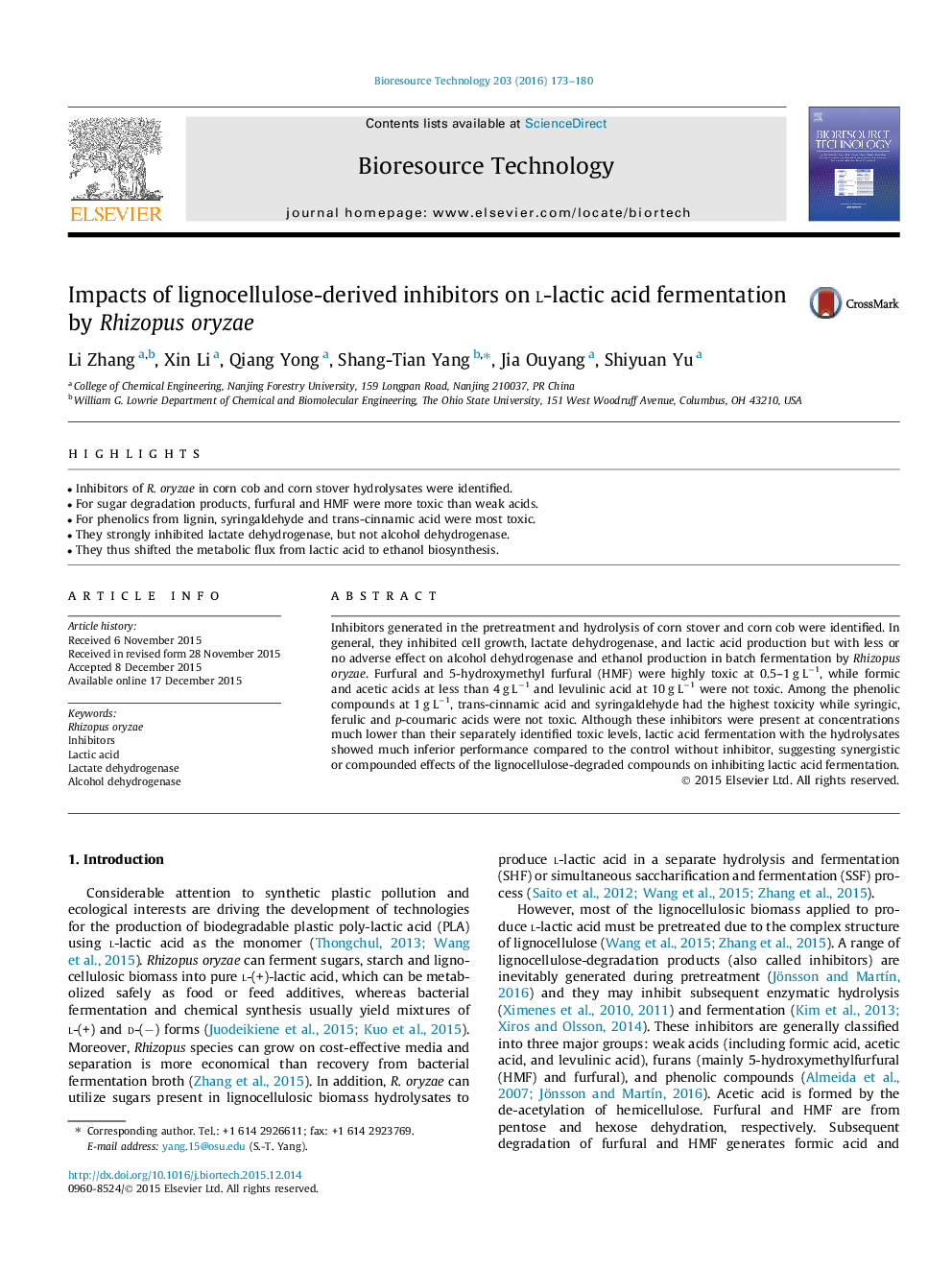 Impacts of lignocellulose-derived inhibitors on l-lactic acid fermentation by Rhizopus oryzae