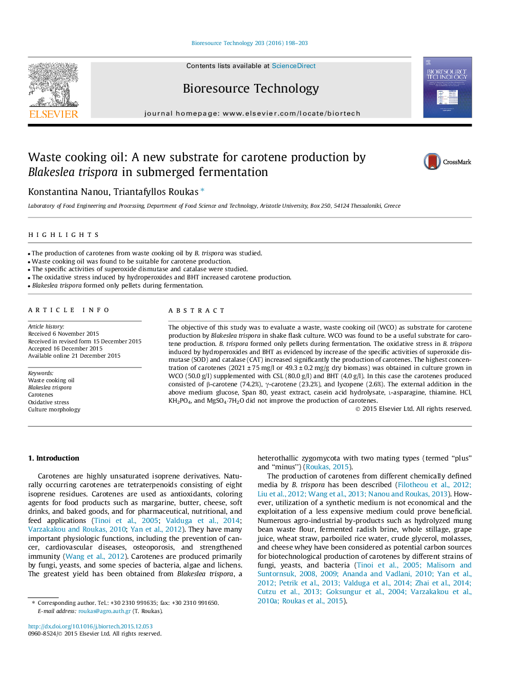 Waste cooking oil: A new substrate for carotene production by Blakeslea trispora in submerged fermentation