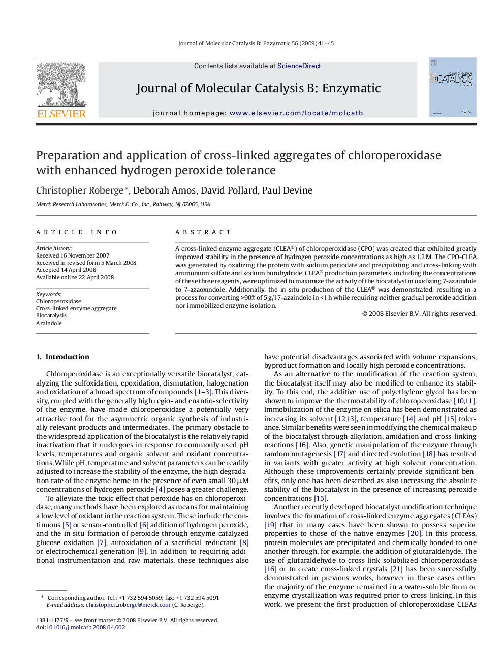 Preparation and application of cross-linked aggregates of chloroperoxidase with enhanced hydrogen peroxide tolerance