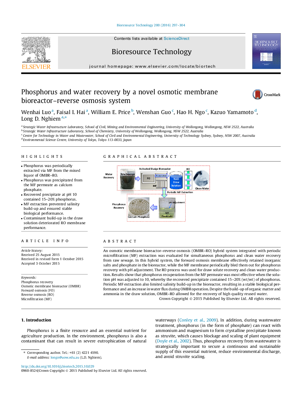 Phosphorus and water recovery by a novel osmotic membrane bioreactor-reverse osmosis system