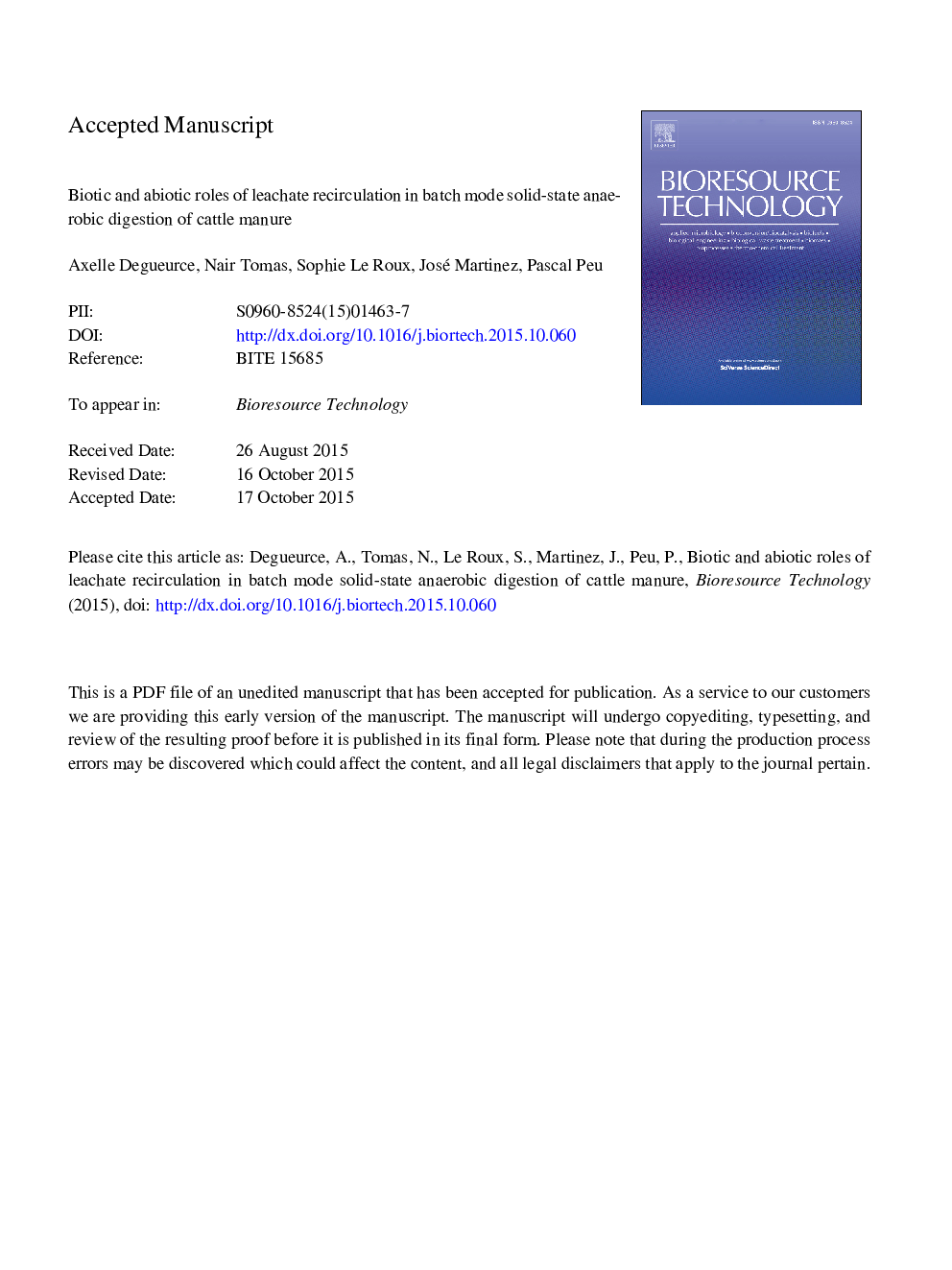 عکس صفحه اول مقاله: Biotic and abiotic roles of leachate recirculation in batch mode solid-state anaerobic digestion of cattle manure Biotic and abiotic roles of leachate recirculation in batch mode solid-state anaerobic digestion of cattle manure