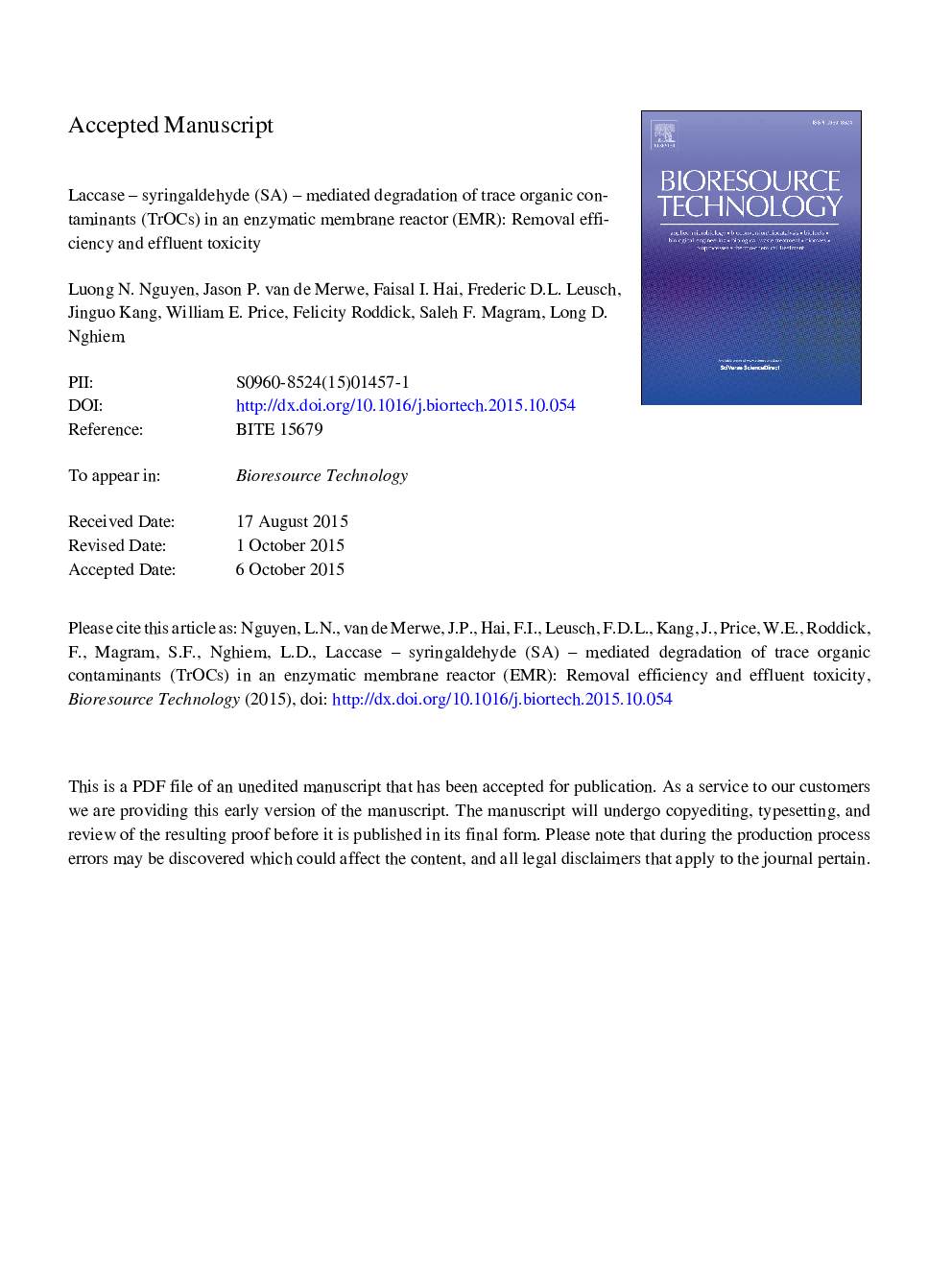 عکس صفحه اول مقاله: Laccase-syringaldehyde-mediated degradation of trace organic contaminants in an enzymatic membrane reactor: Removal efficiency and effluent toxicity Laccase-syringaldehyde-mediated degradation of trace organic contaminants in an enzymatic membrane reactor: Removal efficiency and effluent toxicity