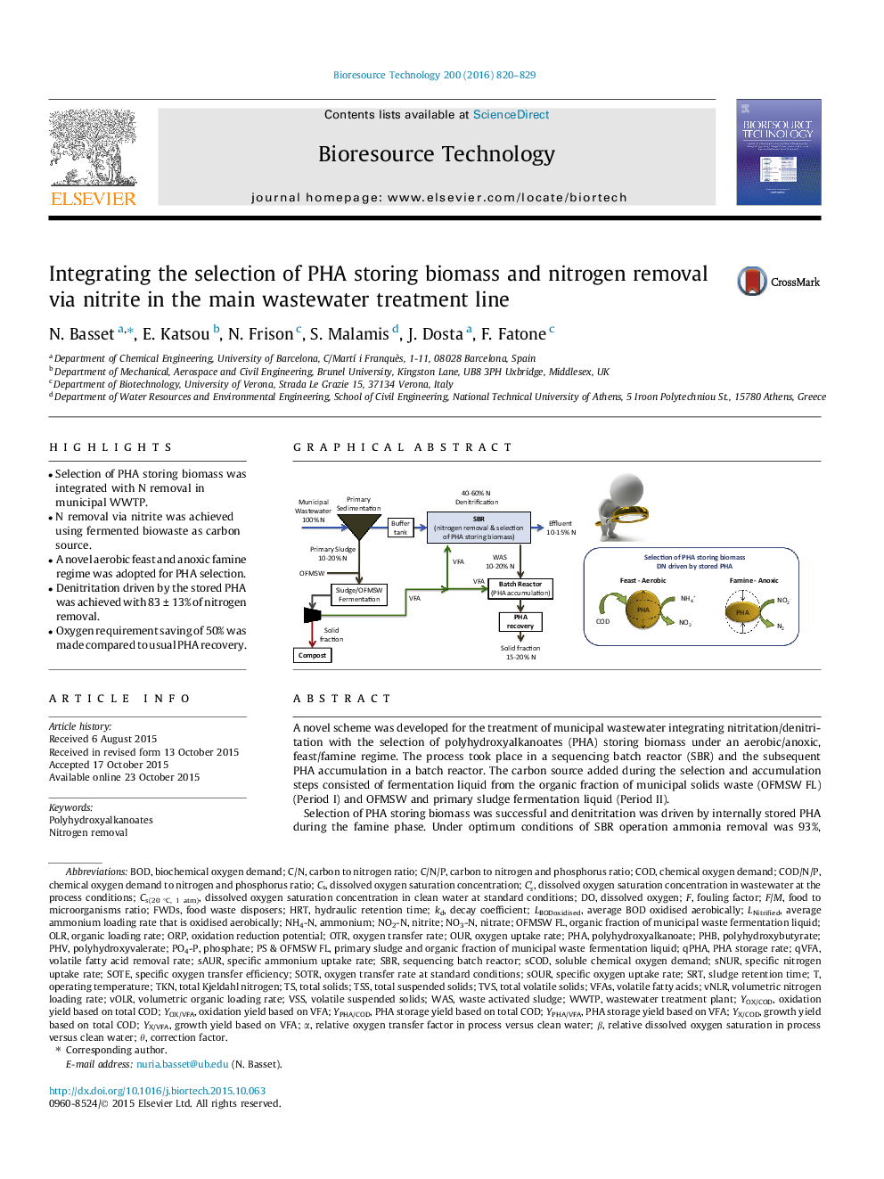 Integrating the selection of PHA storing biomass and nitrogen removal via nitrite in the main wastewater treatment line