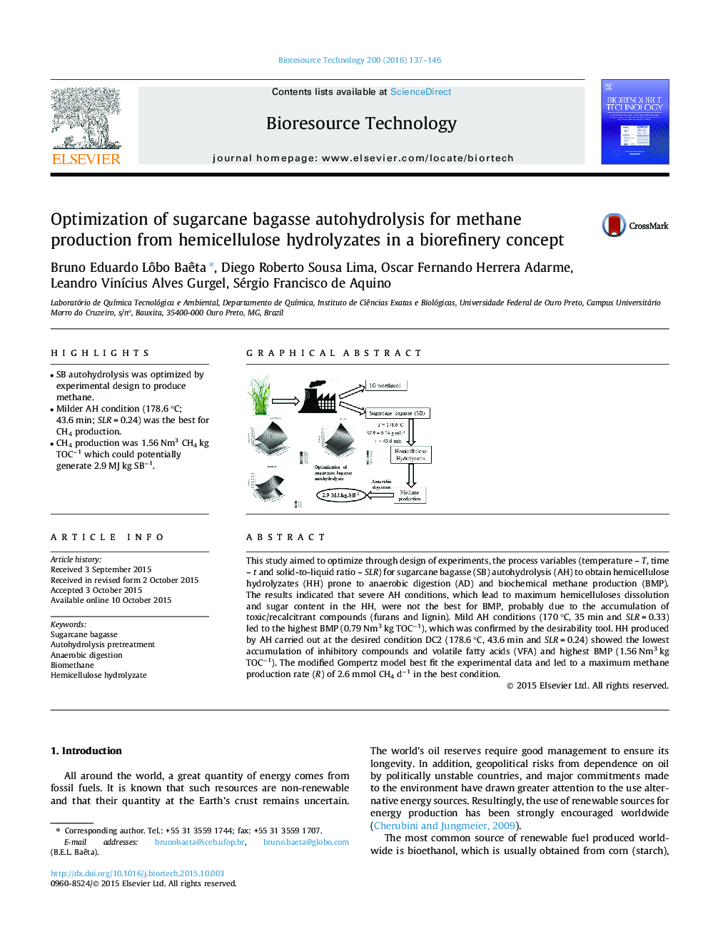 Optimization of sugarcane bagasse autohydrolysis for methane production from hemicellulose hydrolyzates in a biorefinery concept