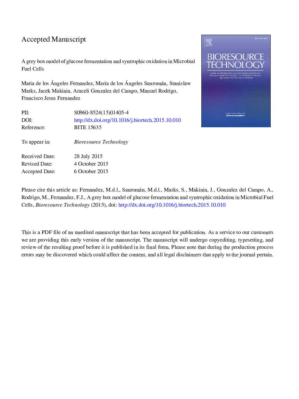 A grey box model of glucose fermentation and syntrophic oxidation in microbial fuel cells