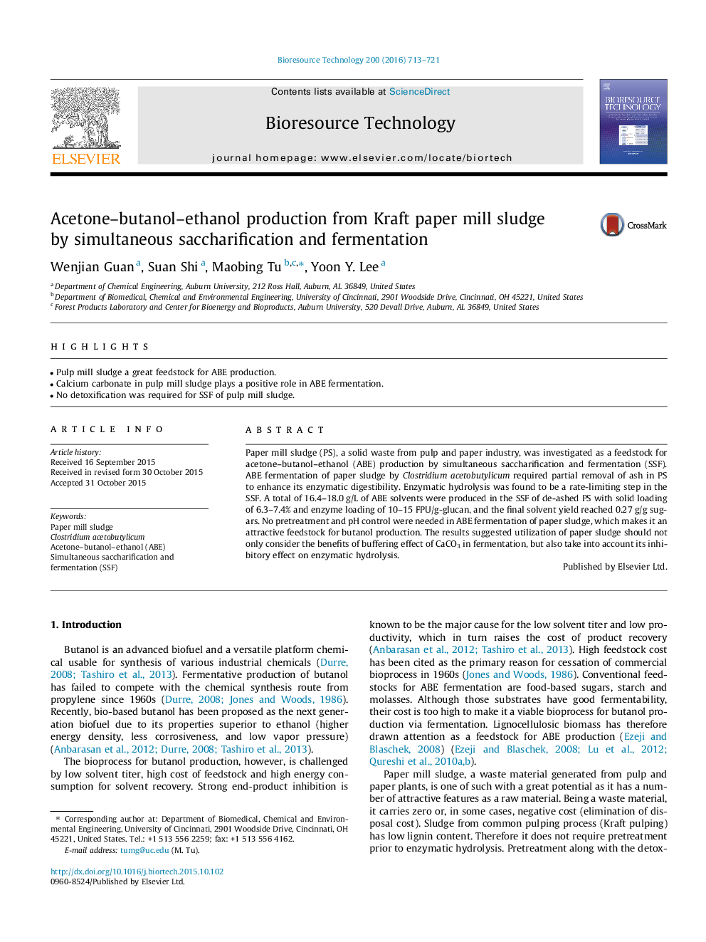 Acetone-butanol-ethanol production from Kraft paper mill sludge by simultaneous saccharification and fermentation