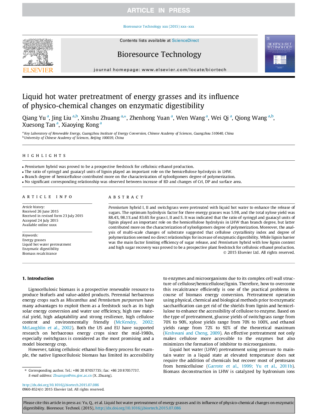 Liquid hot water pretreatment of energy grasses and its influence of physico-chemical changes on enzymatic digestibility