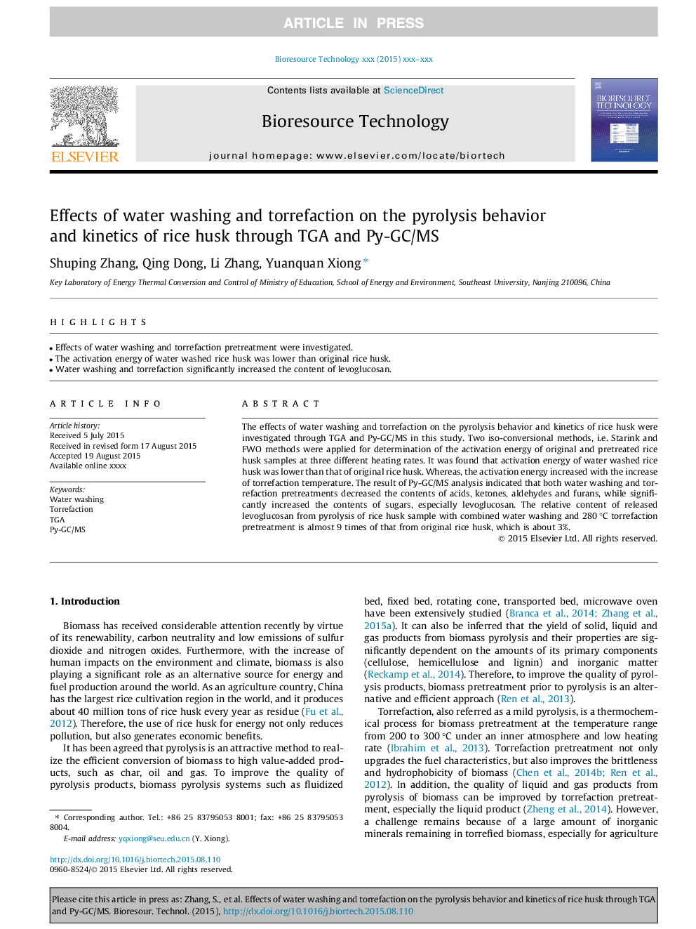 Effects of water washing and torrefaction on the pyrolysis behavior and kinetics of rice husk through TGA and Py-GC/MS