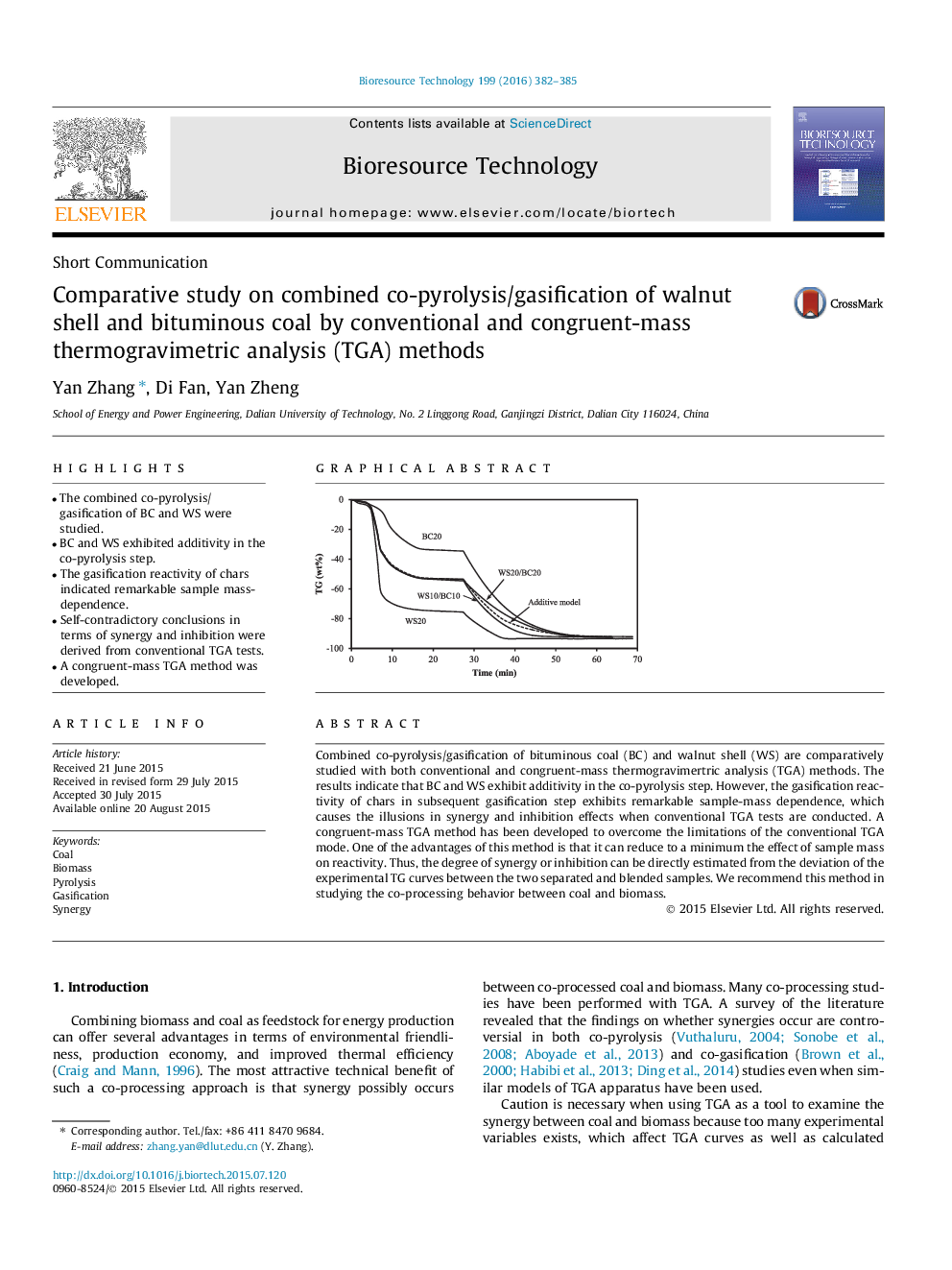 Comparative study on combined co-pyrolysis/gasification of walnut shell and bituminous coal by conventional and congruent-mass thermogravimetric analysis (TGA) methods