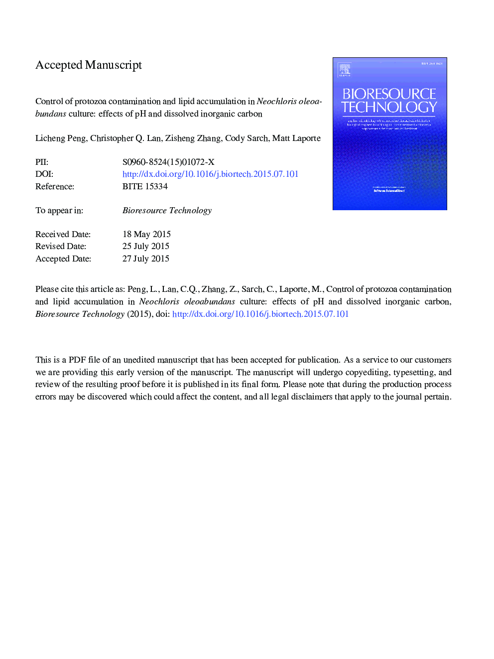 Control of protozoa contamination and lipid accumulation in Neochloris oleoabundans culture: Effects of pH and dissolved inorganic carbon