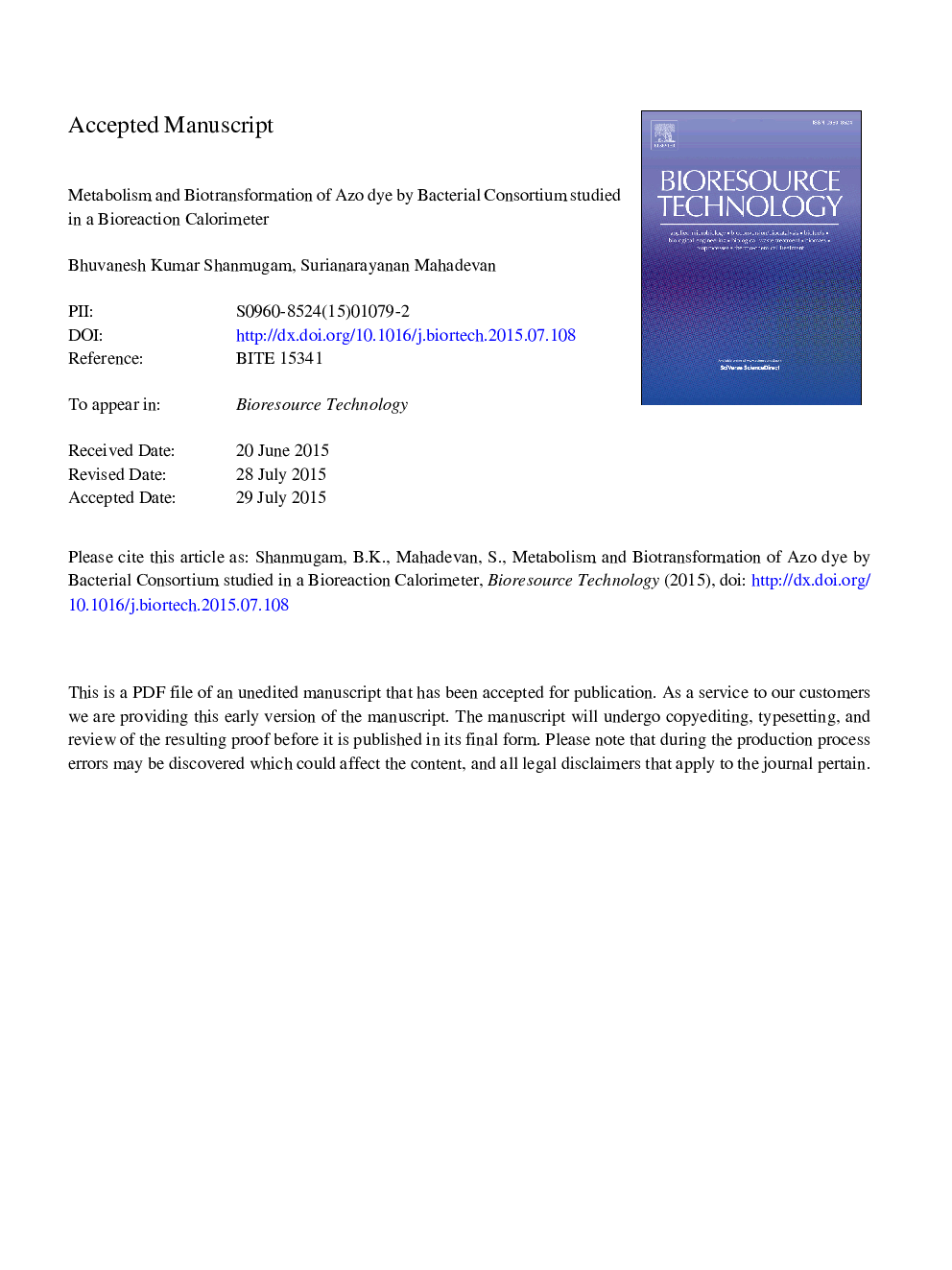 Metabolism and biotransformation of azo dye by bacterial consortium studied in a bioreaction calorimeter