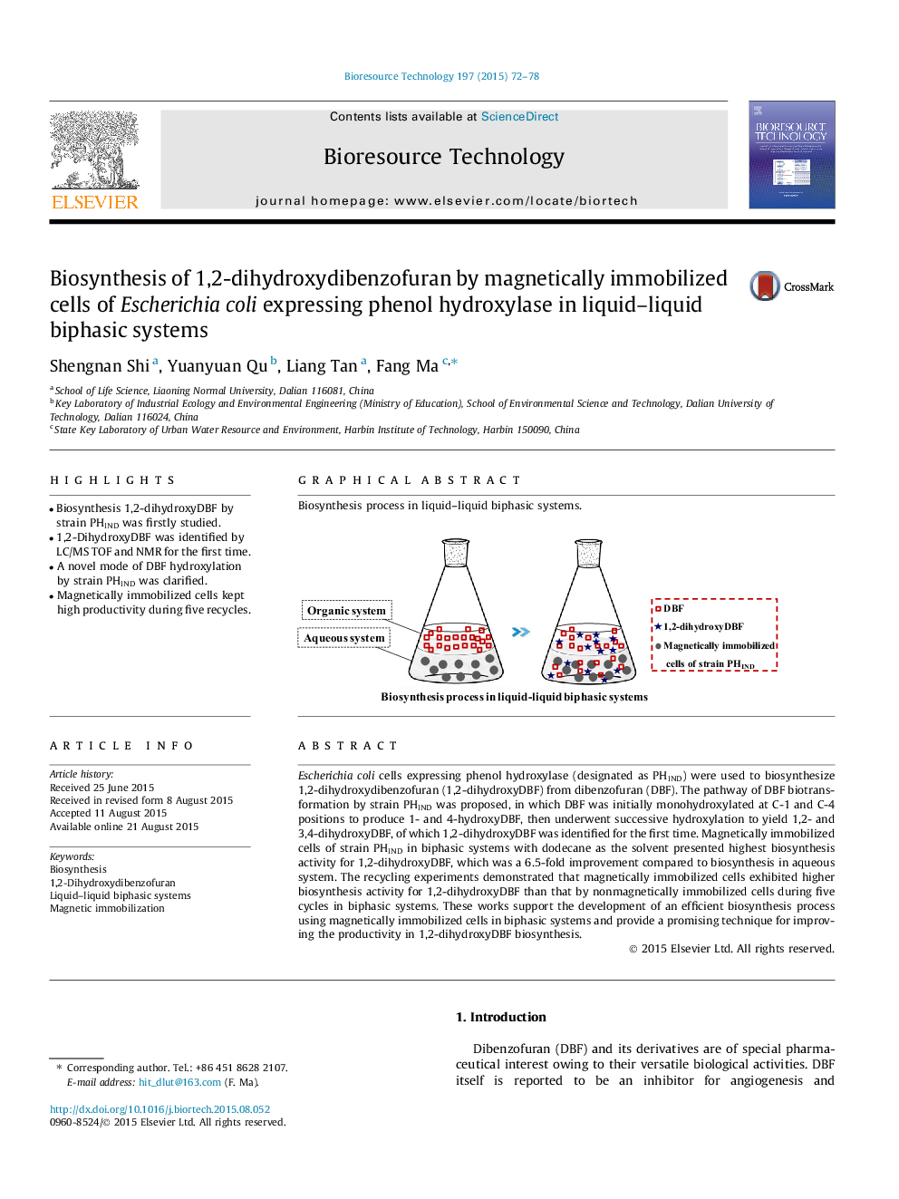 Biosynthesis of 1,2-dihydroxydibenzofuran by magnetically immobilized cells of Escherichia coli expressing phenol hydroxylase in liquid-liquid biphasic systems