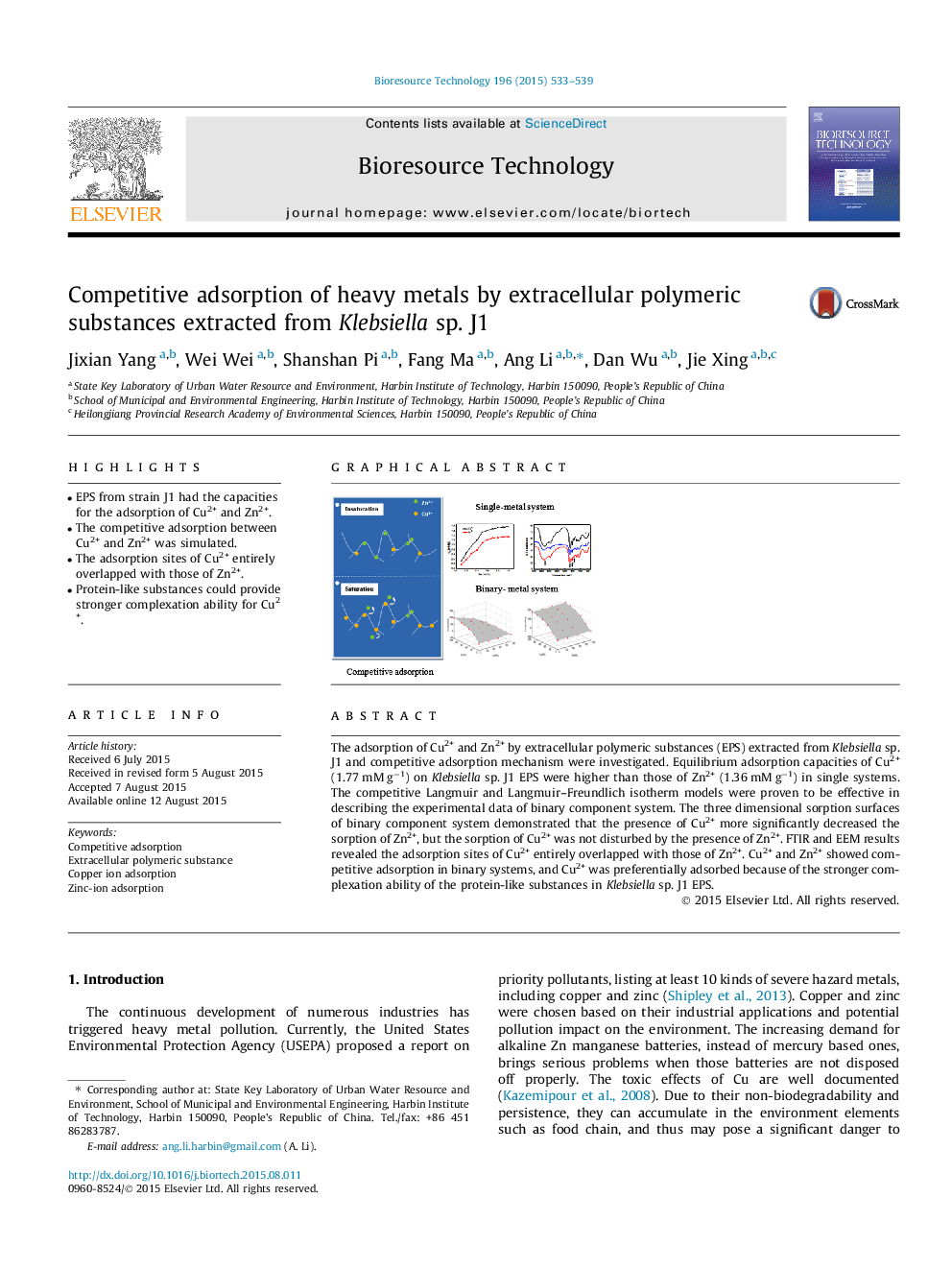 عکس صفحه اول مقاله: Competitive adsorption of heavy metals by extracellular polymeric substances extracted from Klebsiella sp. J1 Competitive adsorption of heavy metals by extracellular polymeric substances extracted from Klebsiella sp. J1