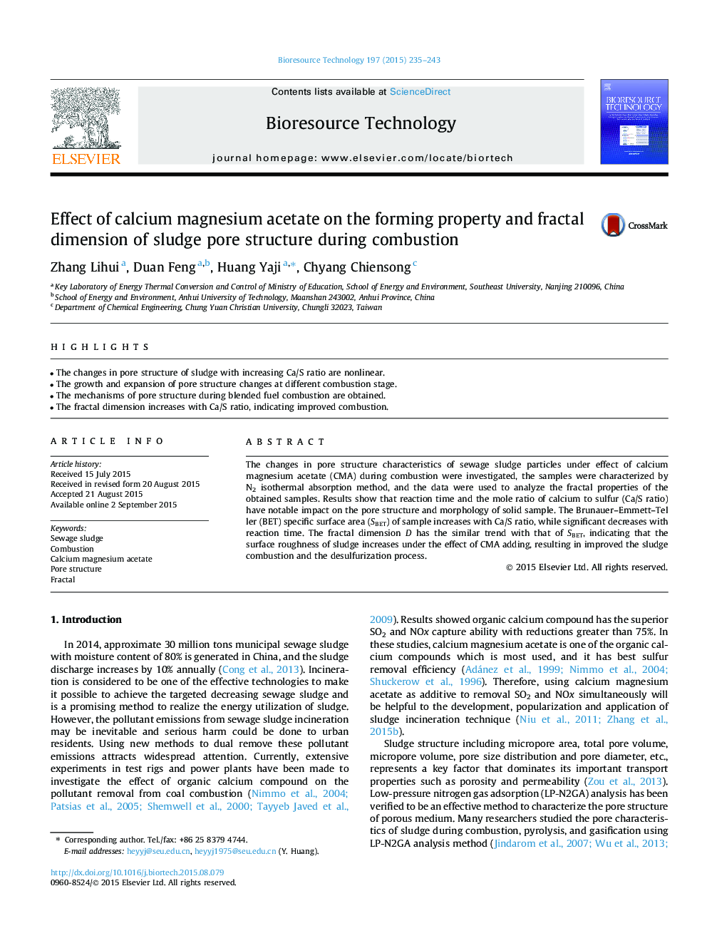 Effect of calcium magnesium acetate on the forming property and fractal dimension of sludge pore structure during combustion