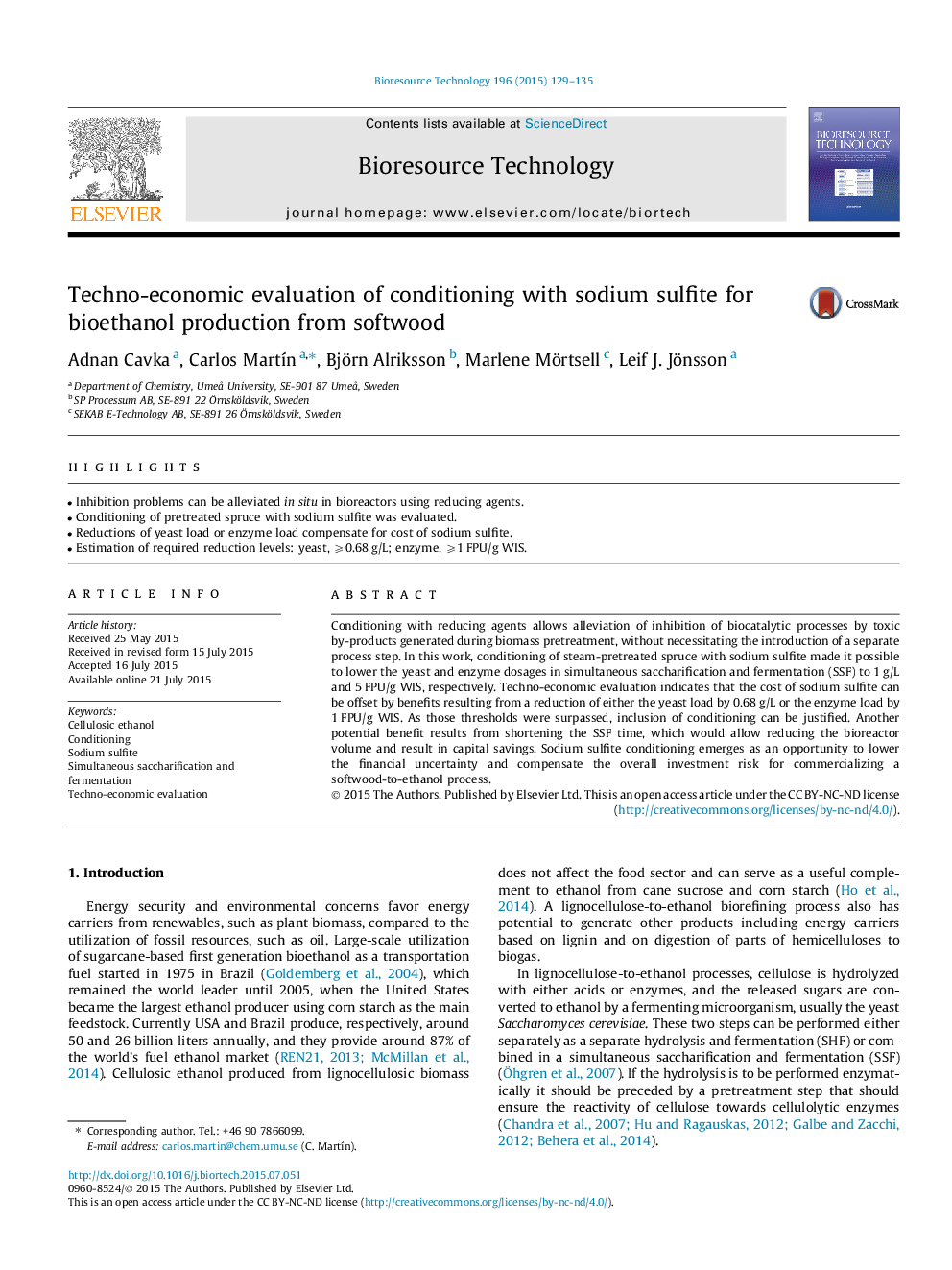 Techno-economic evaluation of conditioning with sodium sulfite for bioethanol production from softwood