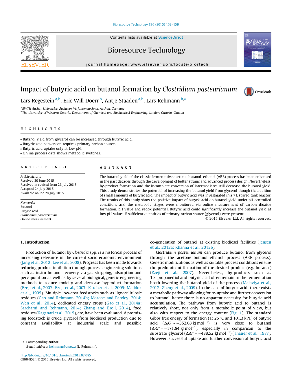 Impact of butyric acid on butanol formation by Clostridium pasteurianum