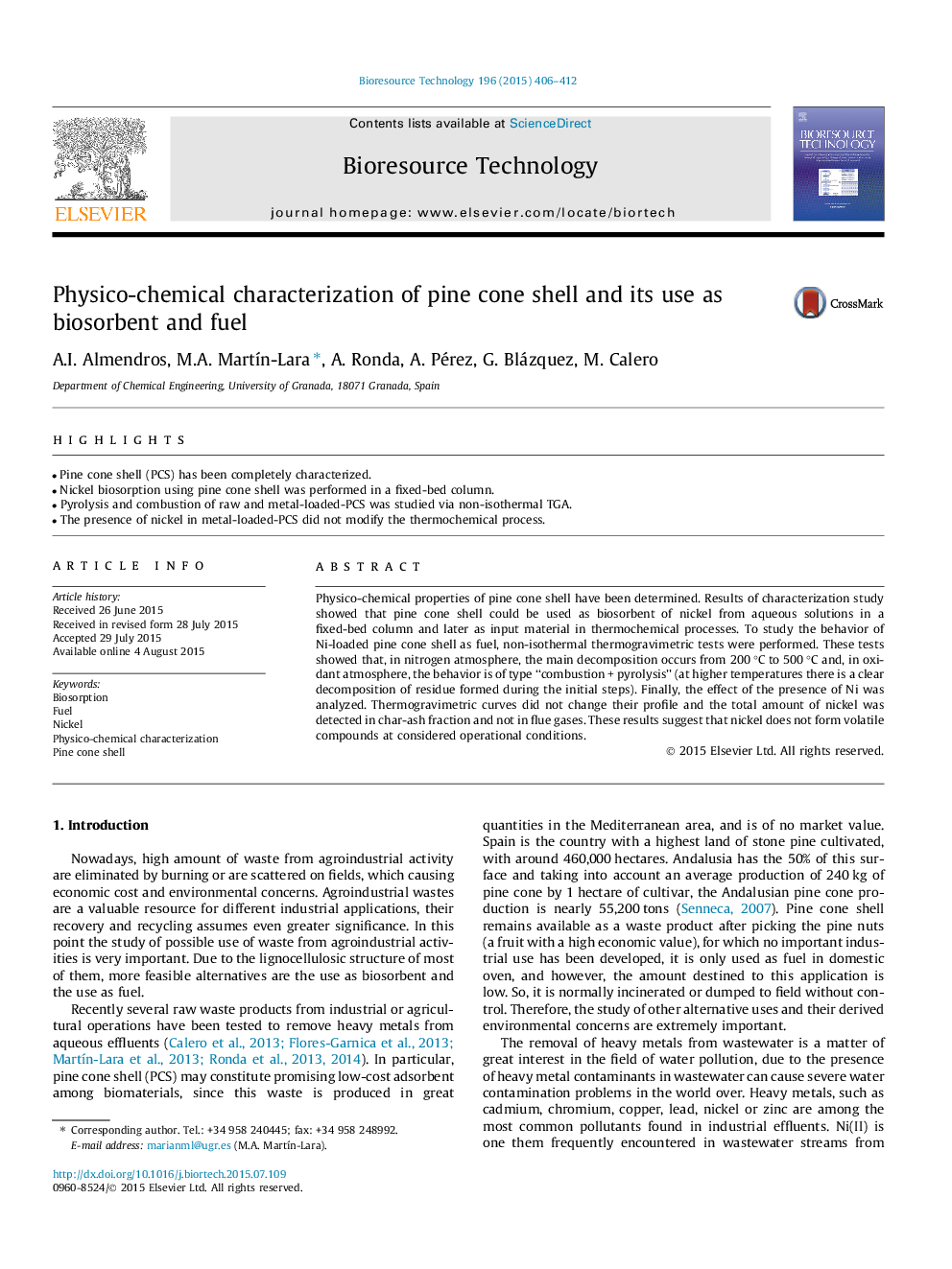 Physico-chemical characterization of pine cone shell and its use as biosorbent and fuel