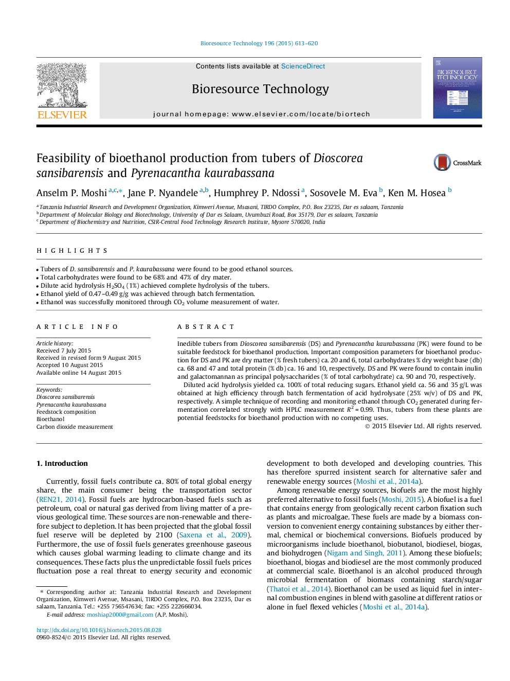 عکس صفحه اول مقاله: Feasibility of bioethanol production from tubers of Dioscorea sansibarensis and Pyrenacantha kaurabassana Feasibility of bioethanol production from tubers of Dioscorea sansibarensis and Pyrenacantha kaurabassana