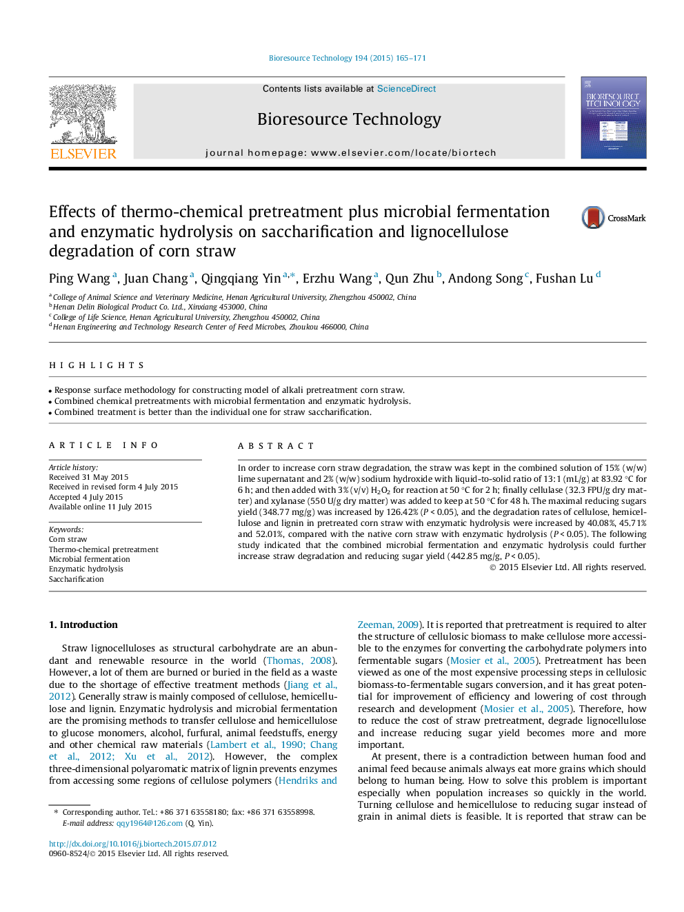 Effects of thermo-chemical pretreatment plus microbial fermentation and enzymatic hydrolysis on saccharification and lignocellulose degradation of corn straw