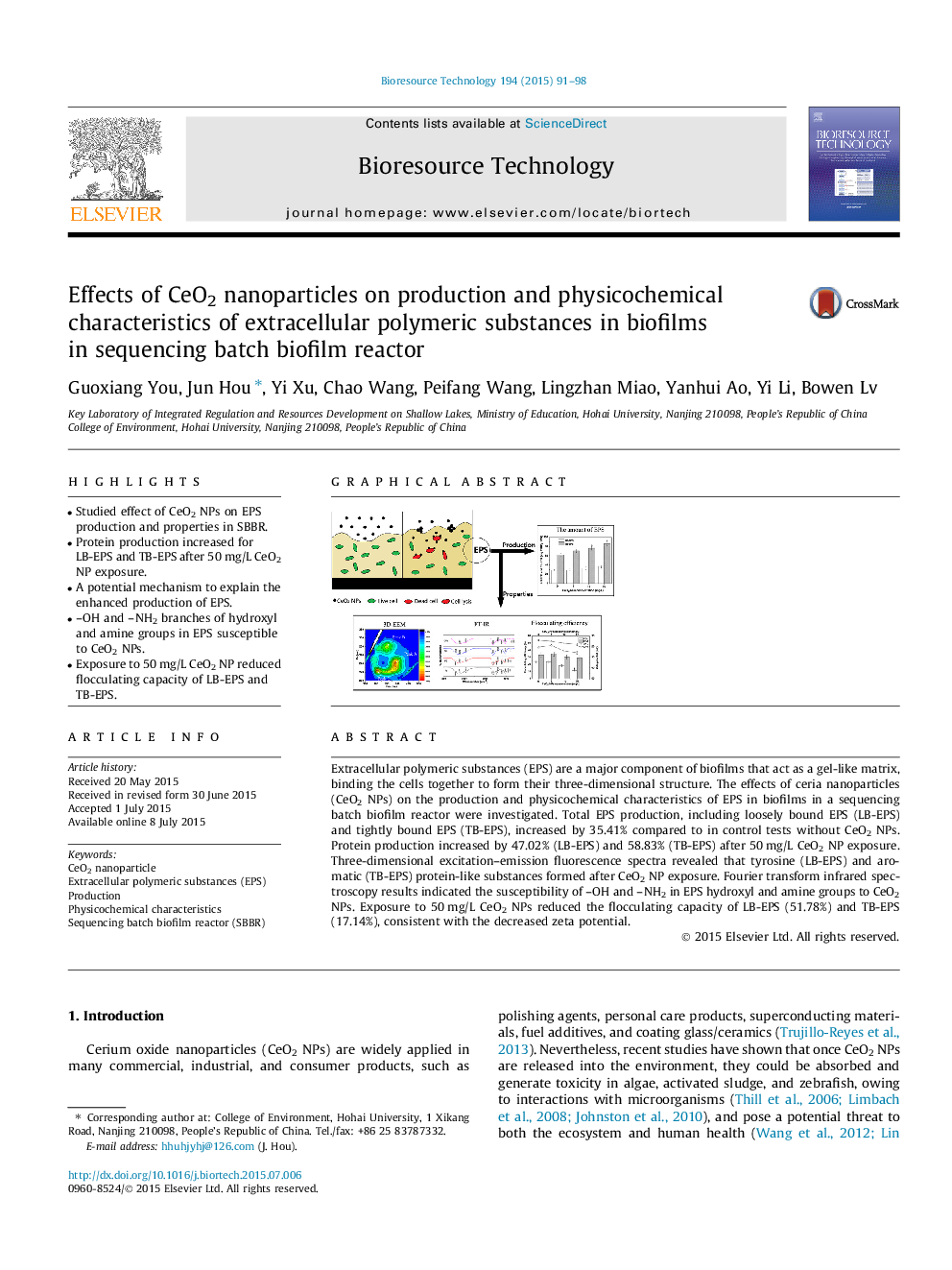 Effects of CeO2 nanoparticles on production and physicochemical characteristics of extracellular polymeric substances in biofilms in sequencing batch biofilm reactor