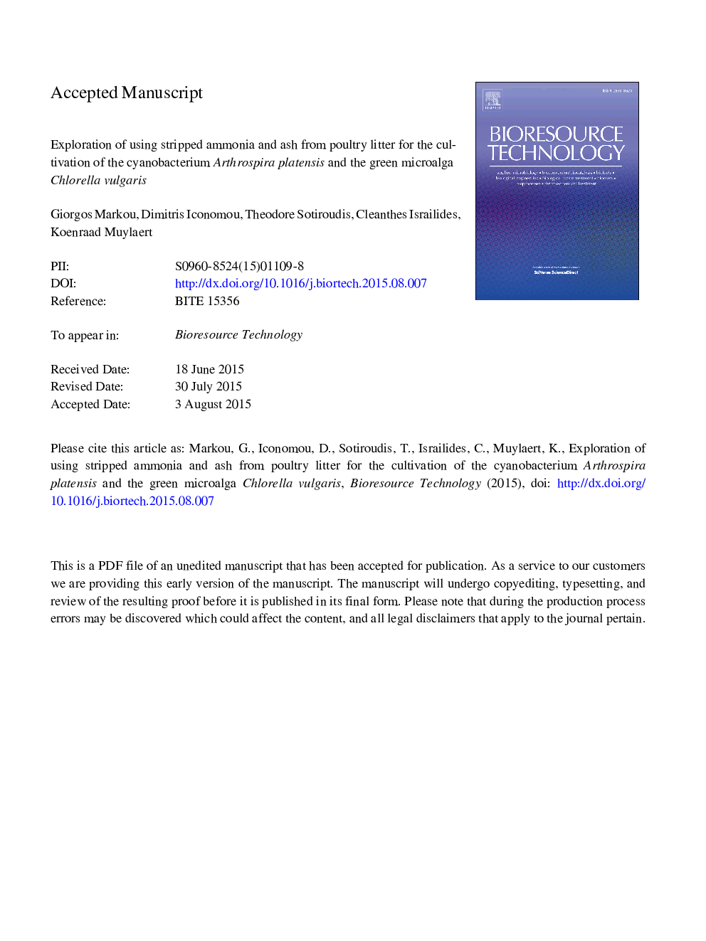 Exploration of using stripped ammonia and ash from poultry litter for the cultivation of the cyanobacterium Arthrospira platensis and the green microalga Chlorella vulgaris