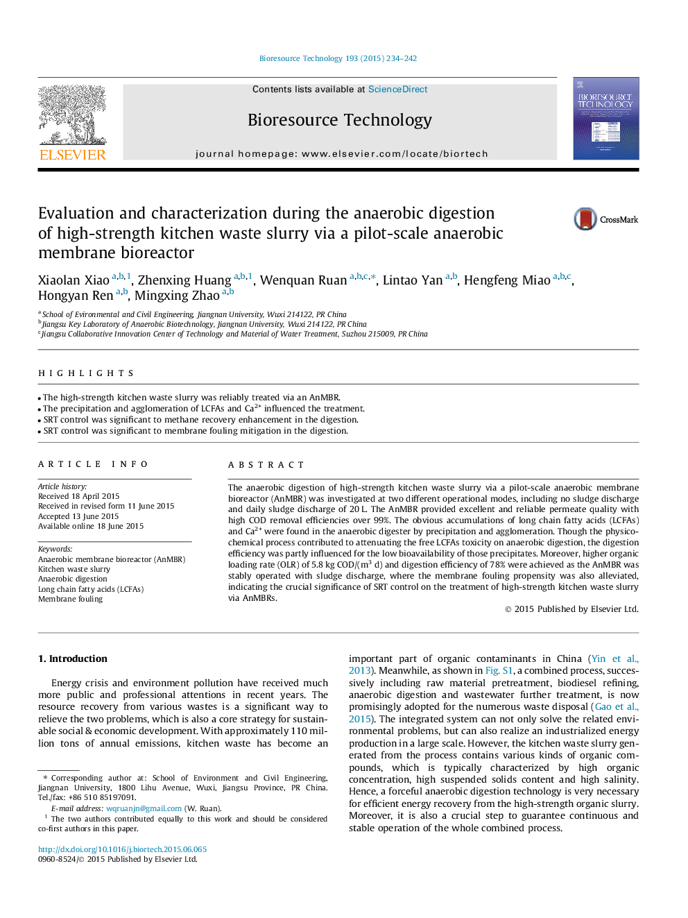 Evaluation and characterization during the anaerobic digestion of high-strength kitchen waste slurry via a pilot-scale anaerobic membrane bioreactor