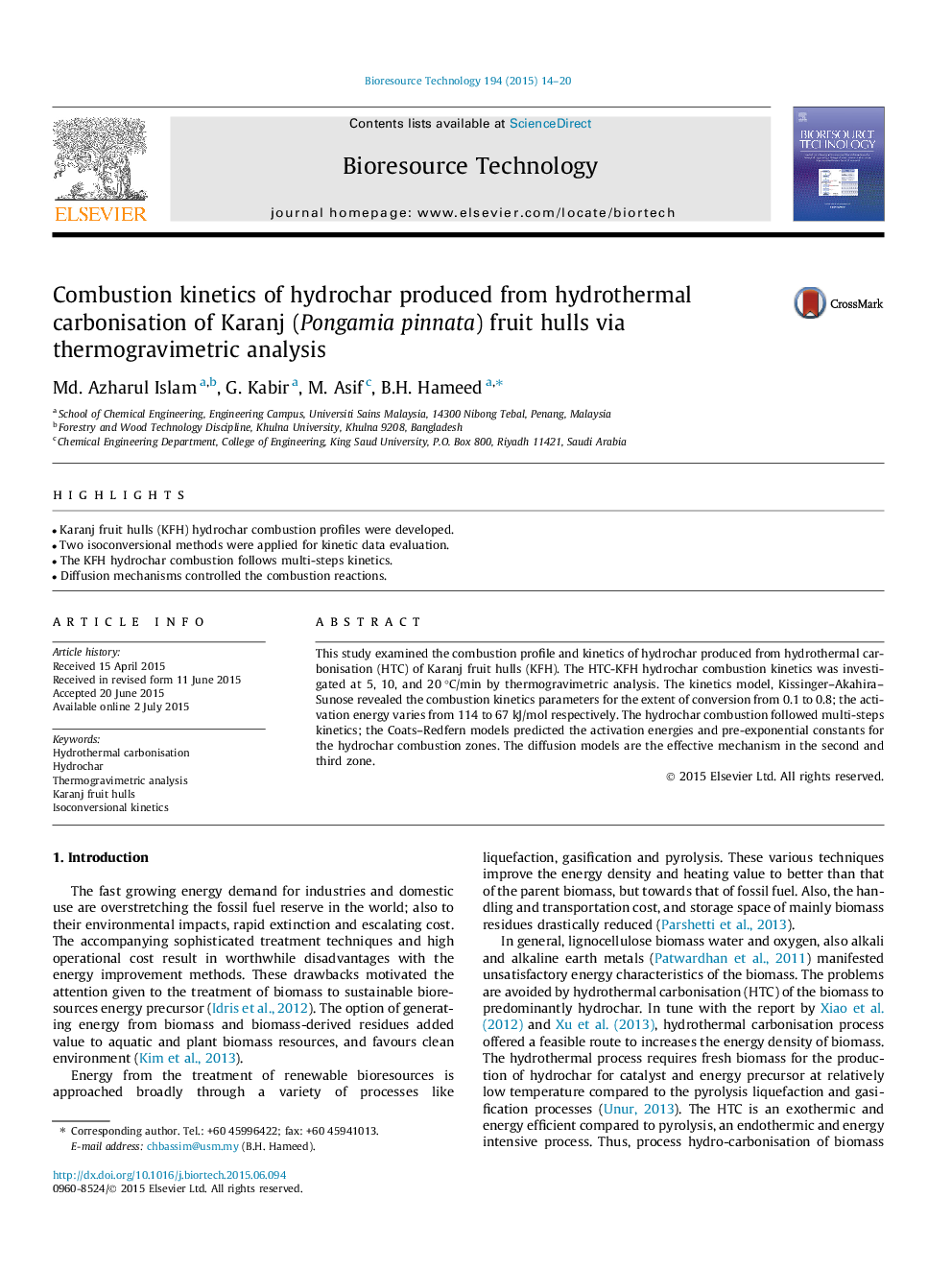 Combustion kinetics of hydrochar produced from hydrothermal carbonisation of Karanj (Pongamia pinnata) fruit hulls via thermogravimetric analysis