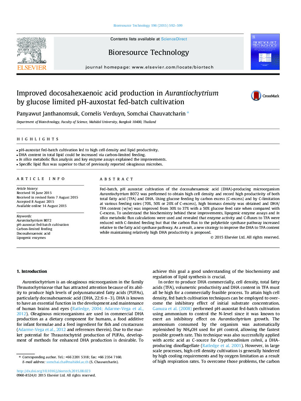 Improved docosahexaenoic acid production in Aurantiochytrium by glucose limited pH-auxostat fed-batch cultivation