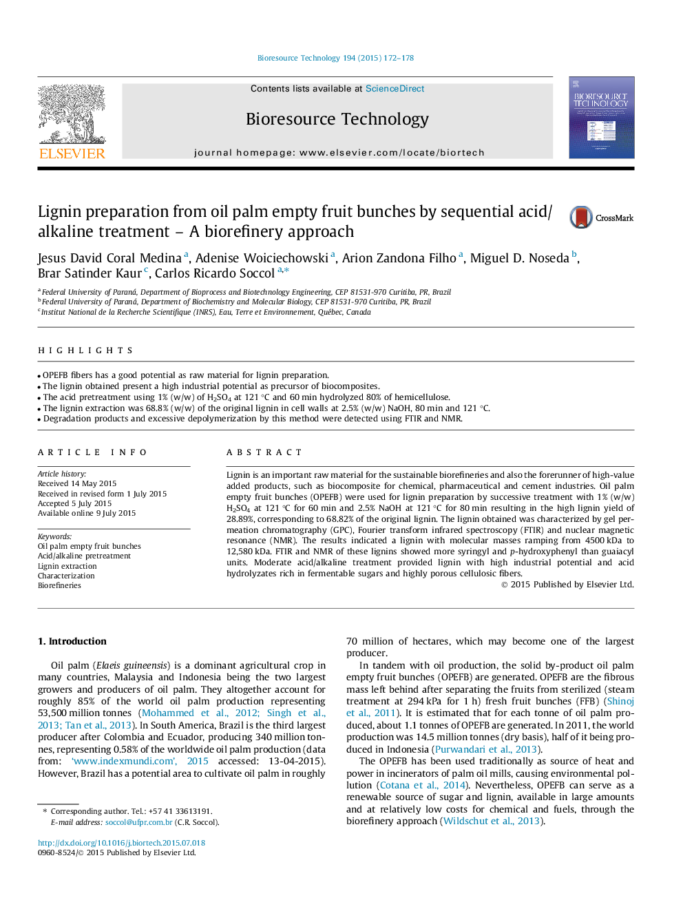 Lignin preparation from oil palm empty fruit bunches by sequential acid/alkaline treatment - A biorefinery approach