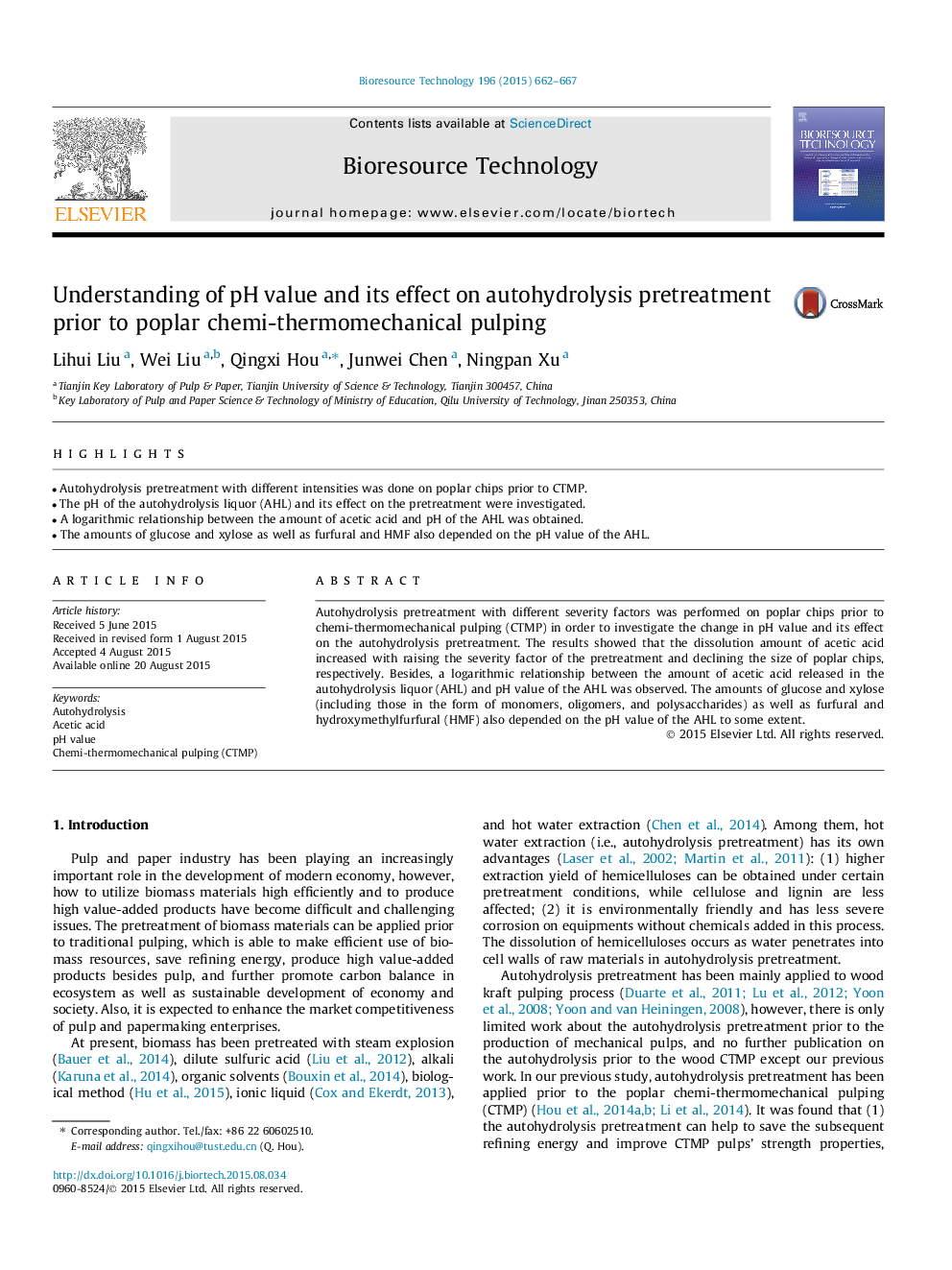 Understanding of pH value and its effect on autohydrolysis pretreatment prior to poplar chemi-thermomechanical pulping