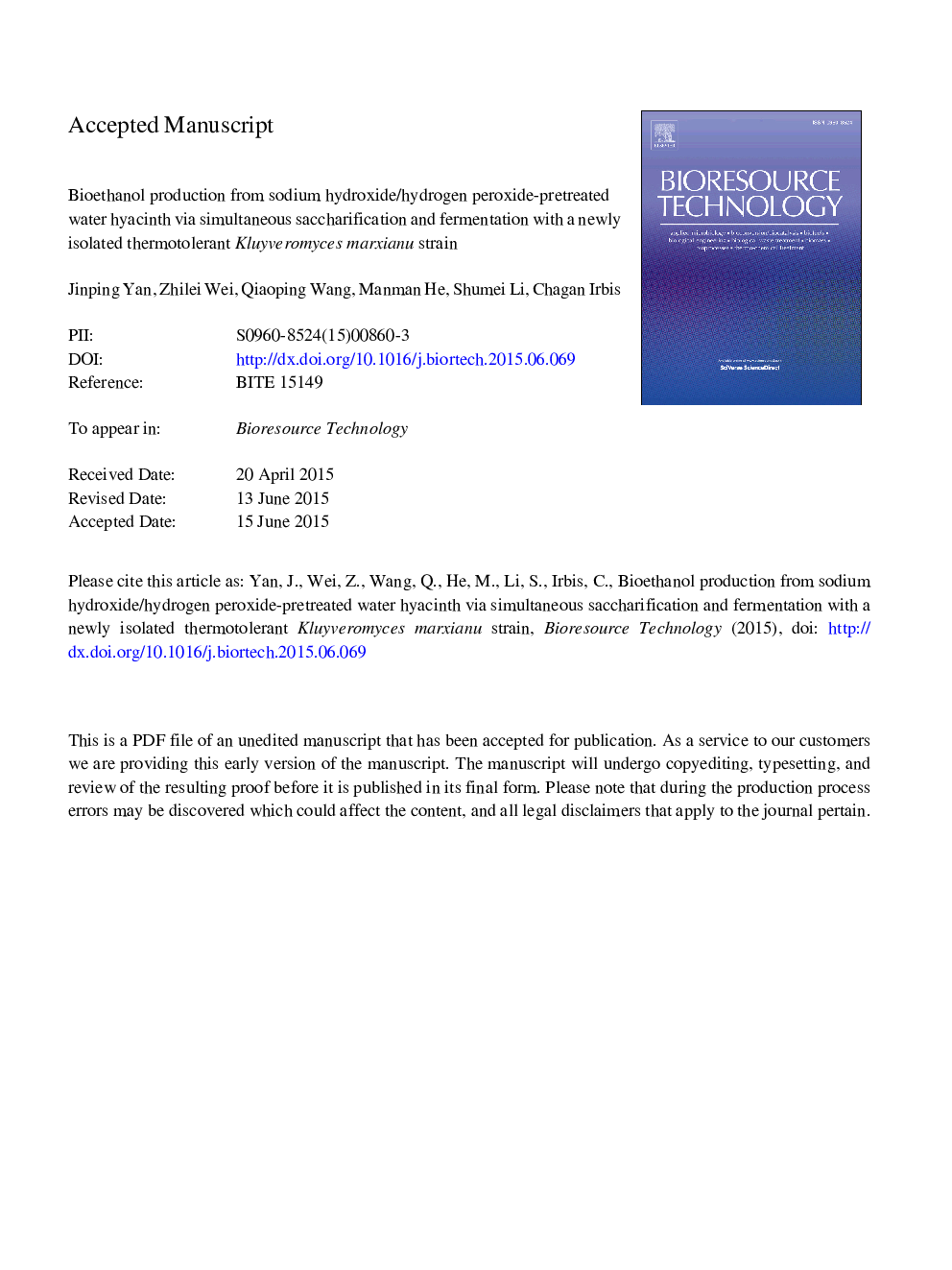 Bioethanol production from sodium hydroxide/hydrogen peroxide-pretreated water hyacinth via simultaneous saccharification and fermentation with a newly isolated thermotolerant Kluyveromyces marxianu strain