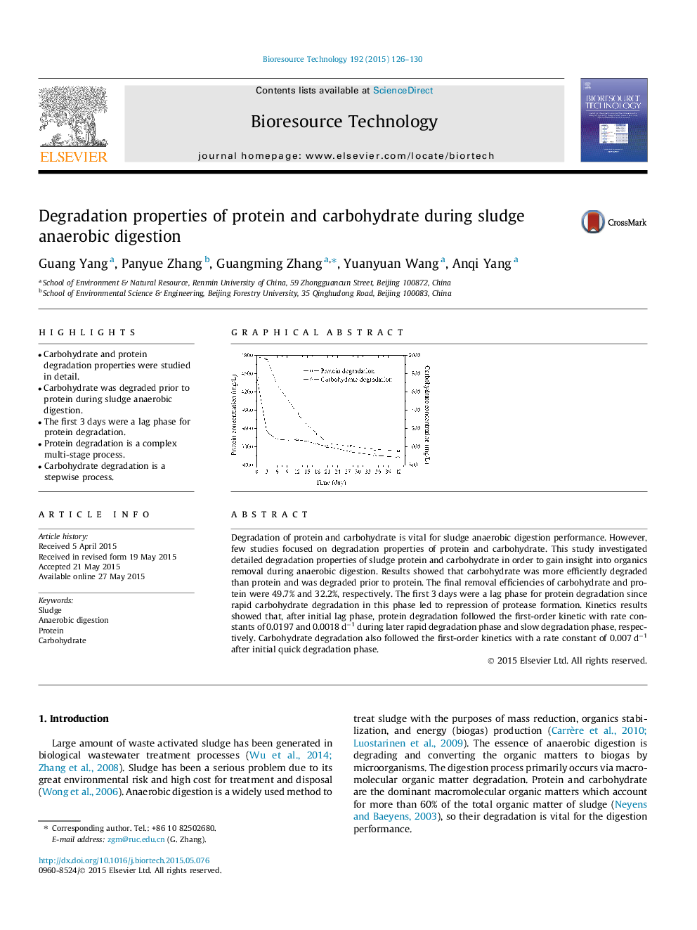 Degradation properties of protein and carbohydrate during sludge anaerobic digestion