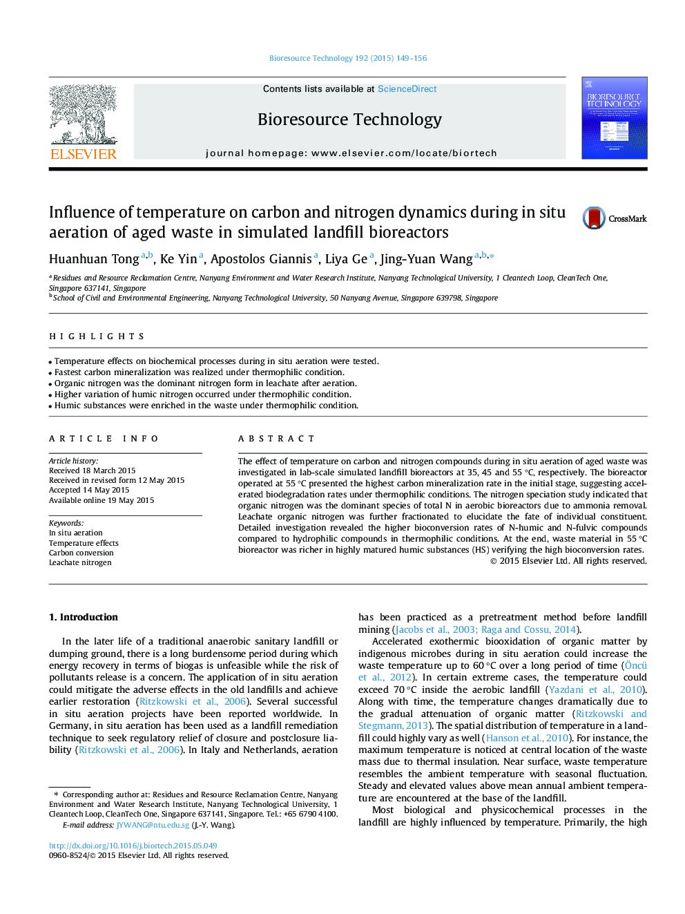 Influence of temperature on carbon and nitrogen dynamics during in situ aeration of aged waste in simulated landfill bioreactors