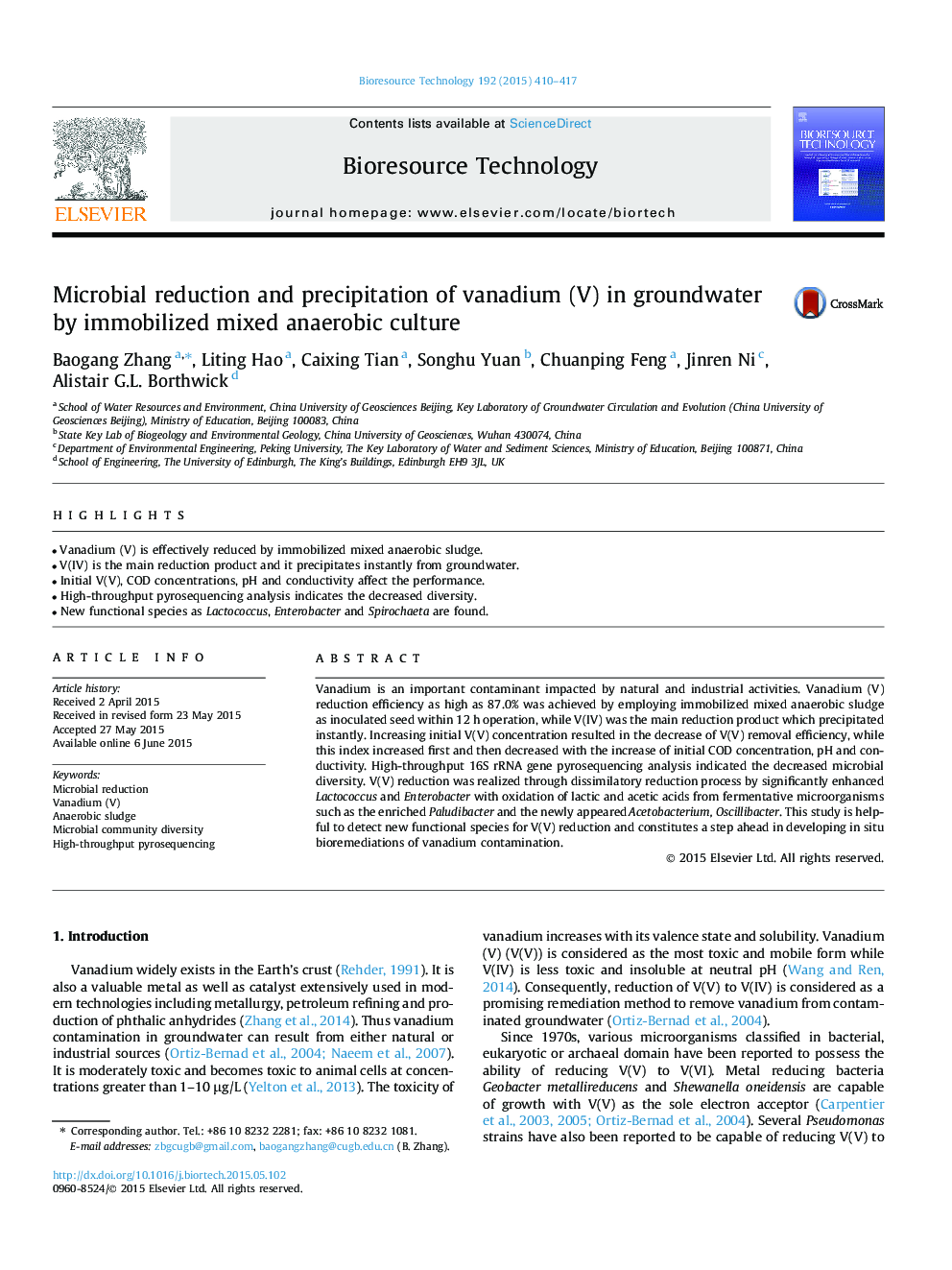 Microbial reduction and precipitation of vanadium (V) in groundwater by immobilized mixed anaerobic culture