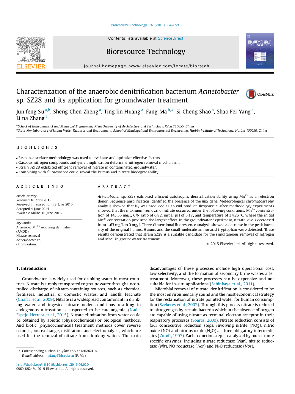 Characterization of the anaerobic denitrification bacterium Acinetobacter sp. SZ28 and its application for groundwater treatment