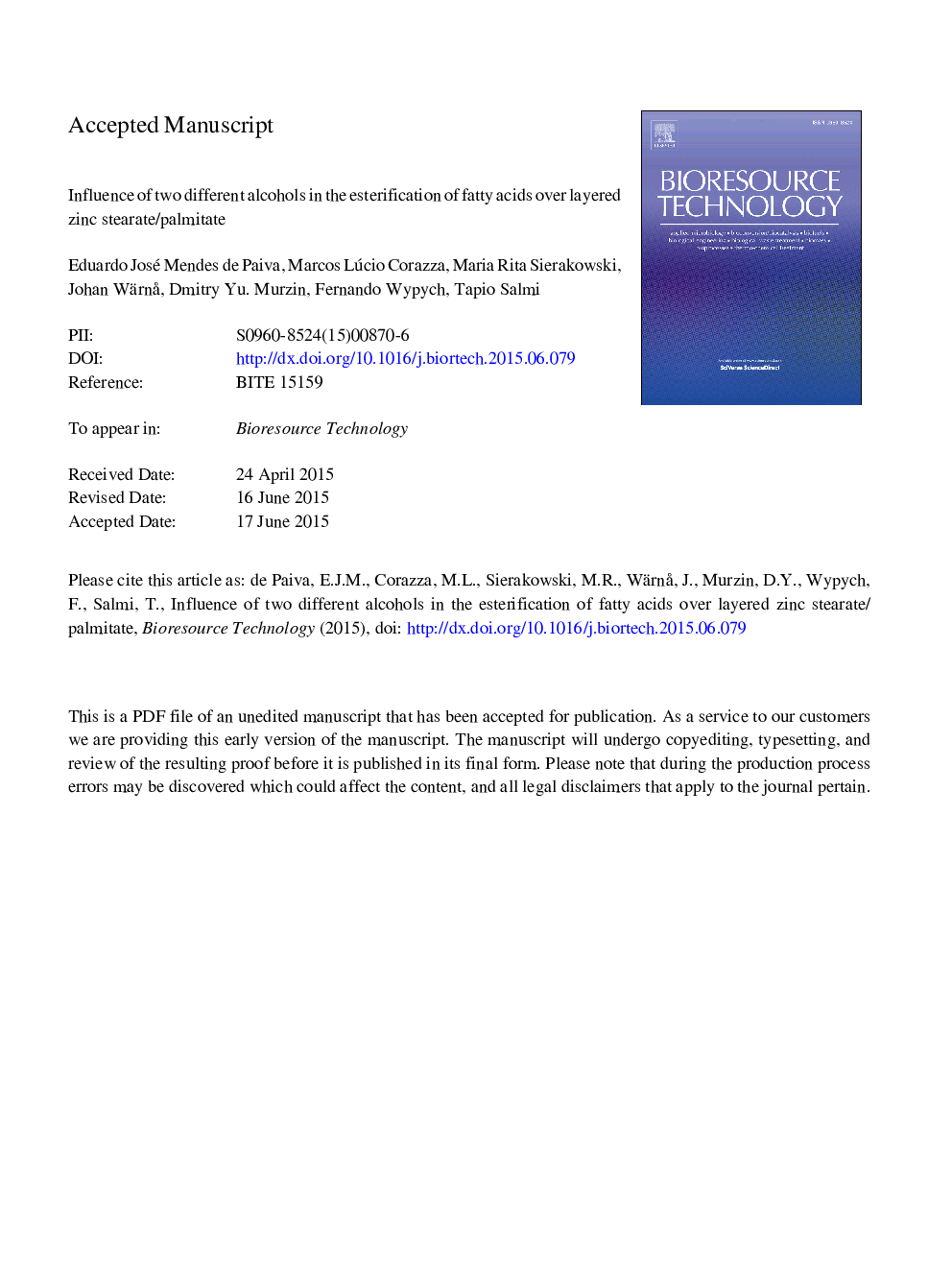 Influence of two different alcohols in the esterification of fatty acids over layered zinc stearate/palmitate