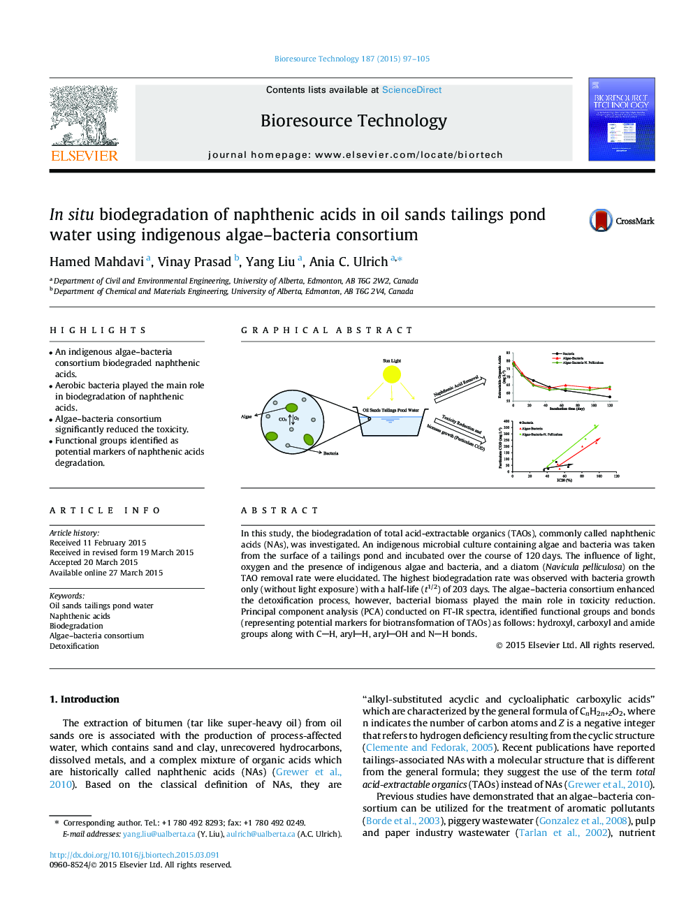 In situ biodegradation of naphthenic acids in oil sands tailings pond water using indigenous algae-bacteria consortium