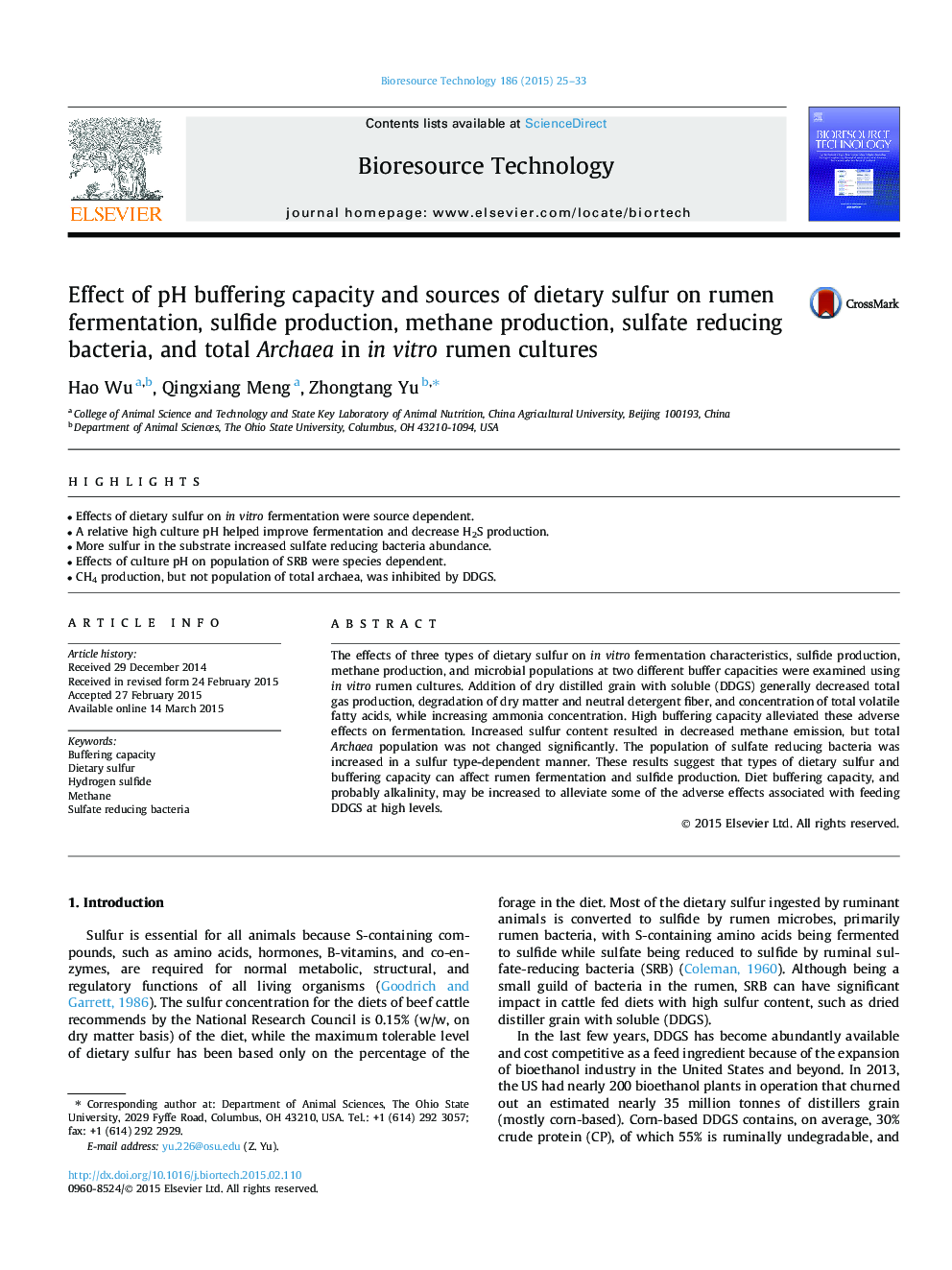 Effect of pH buffering capacity and sources of dietary sulfur on rumen fermentation, sulfide production, methane production, sulfate reducing bacteria, and total Archaea in in vitro rumen cultures