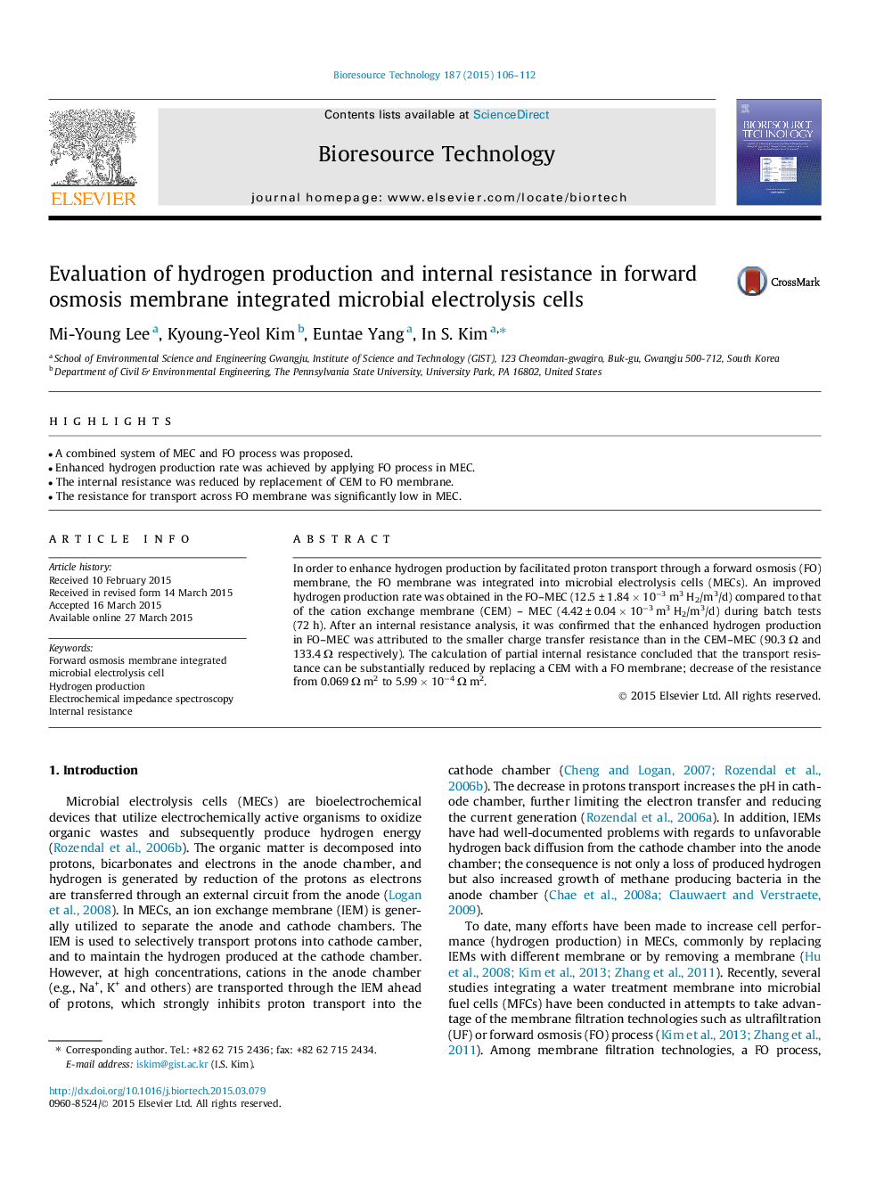 Evaluation of hydrogen production and internal resistance in forward osmosis membrane integrated microbial electrolysis cells