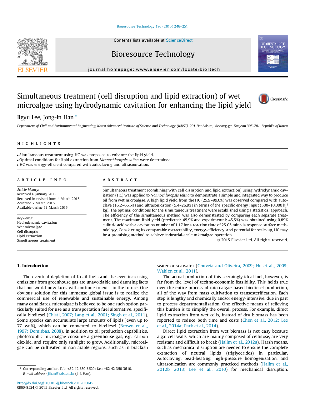 درمان همزمان (اختلال سلولی و استخراج لیپید) میکروالگوهای مرطوب با استفاده از کاویتاسیون هیدرودینامیکی برای افزایش عملکرد چربی 